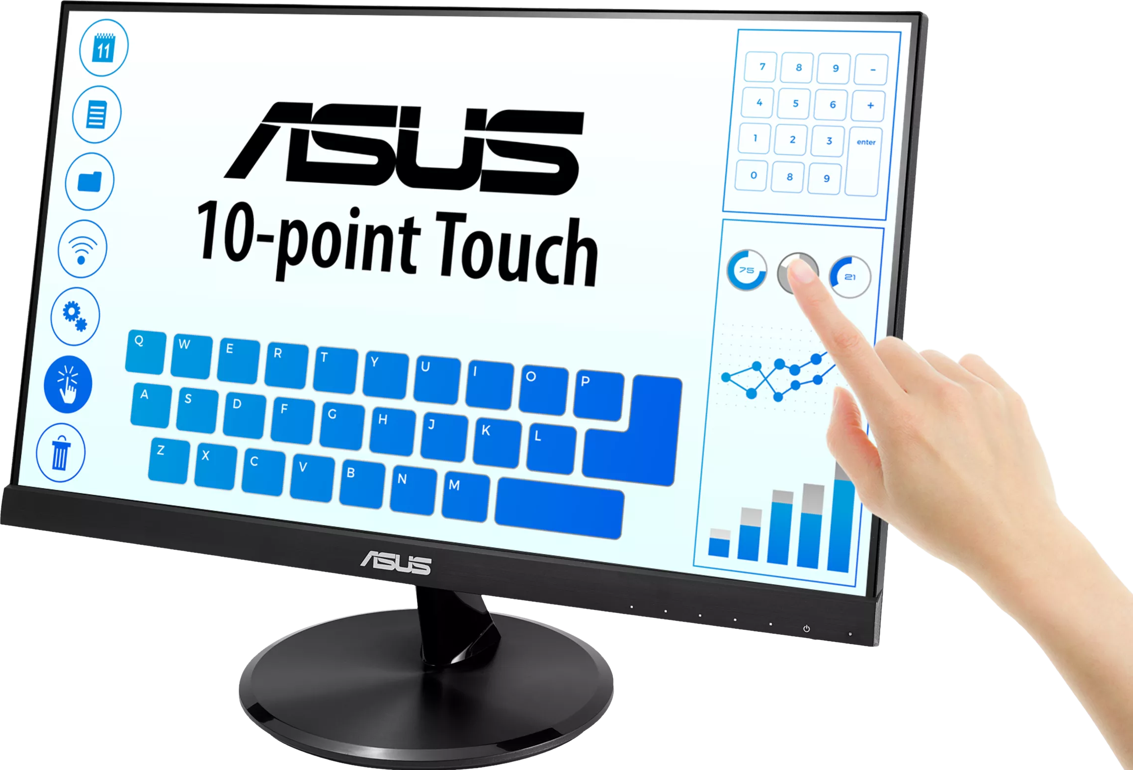 Un monitor ASUS mostra un'interfaccia touch. Una mano tocca lo schermo. Il monitor ha una tastiera e un tastierino numerico.