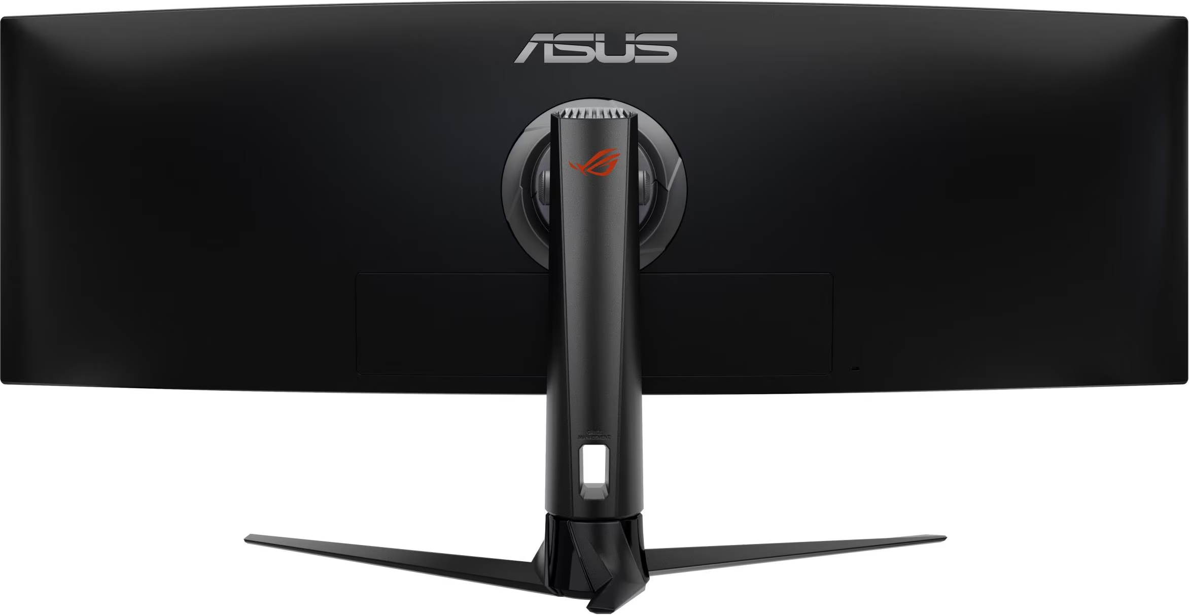 Arrière d'un écran incurvé noir avec le logo ASUS en haut. Il possède un pied avec un logo rouge au milieu.