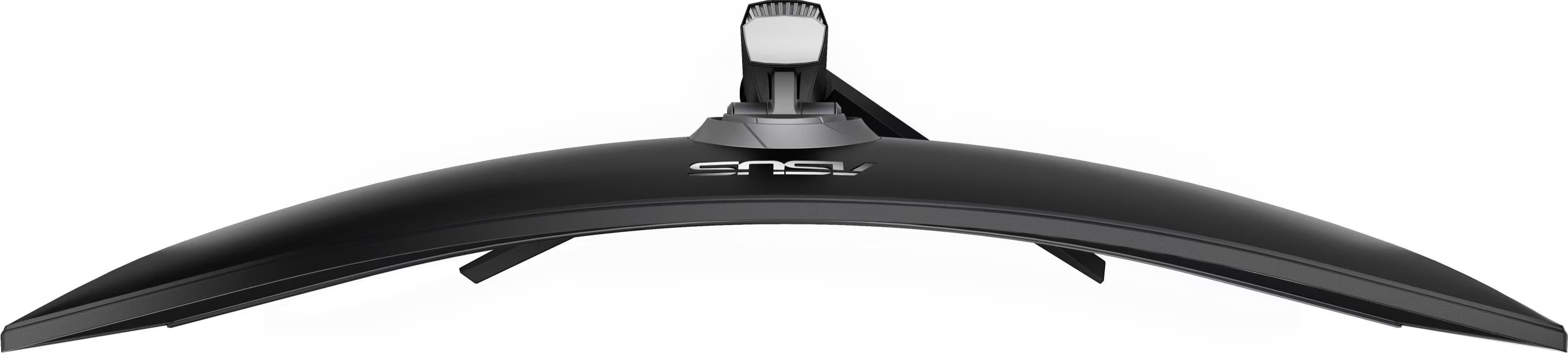 Un écran d'ordinateur noir incurvé avec le logo ASUS en bas. Le support est argenté et noir.