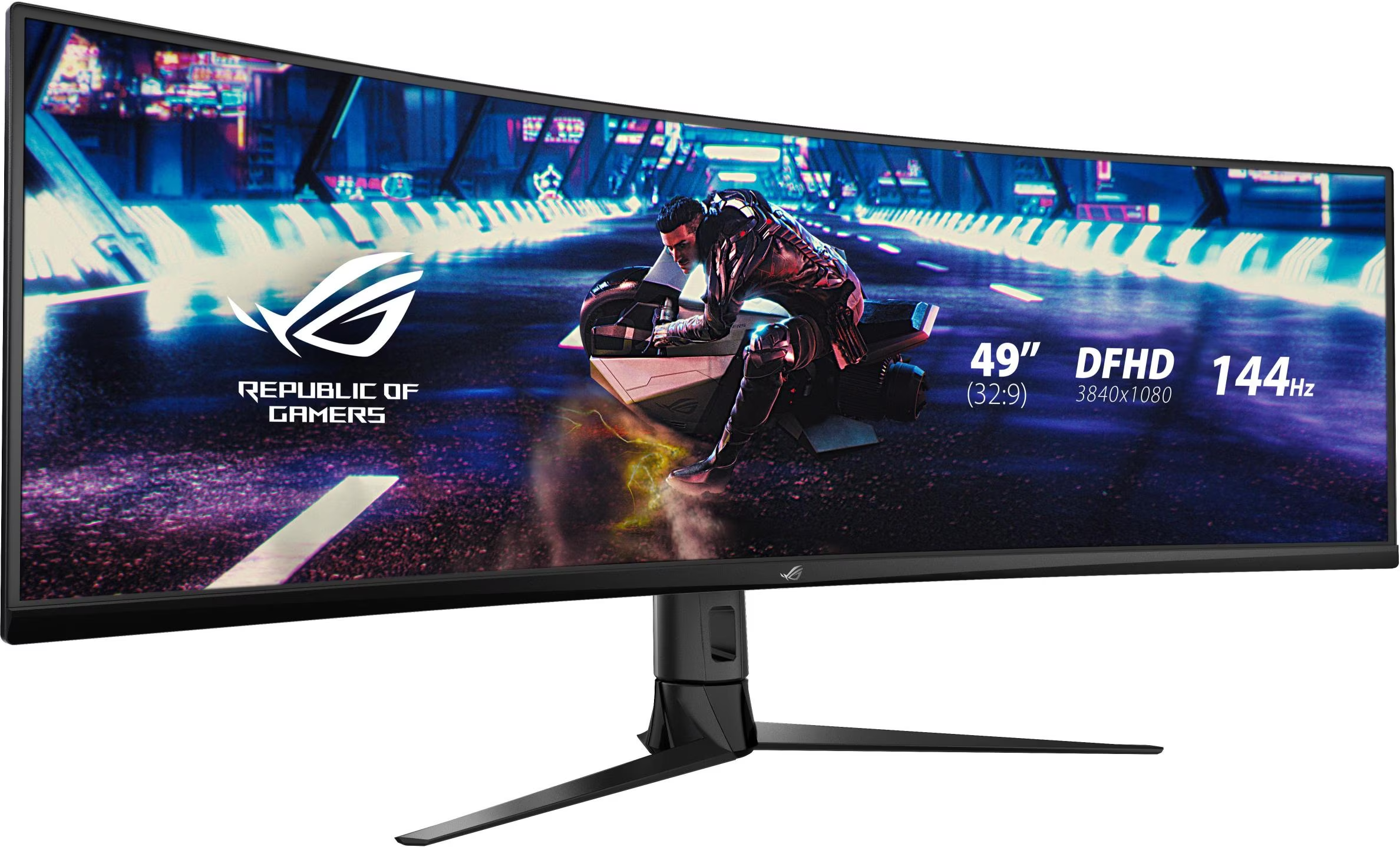 Écran de jeu incurvé avec une scène futuriste à l'écran. Comprend un motard, le logo ROG et les spécifications : 49", DFHD, 144 Hz.