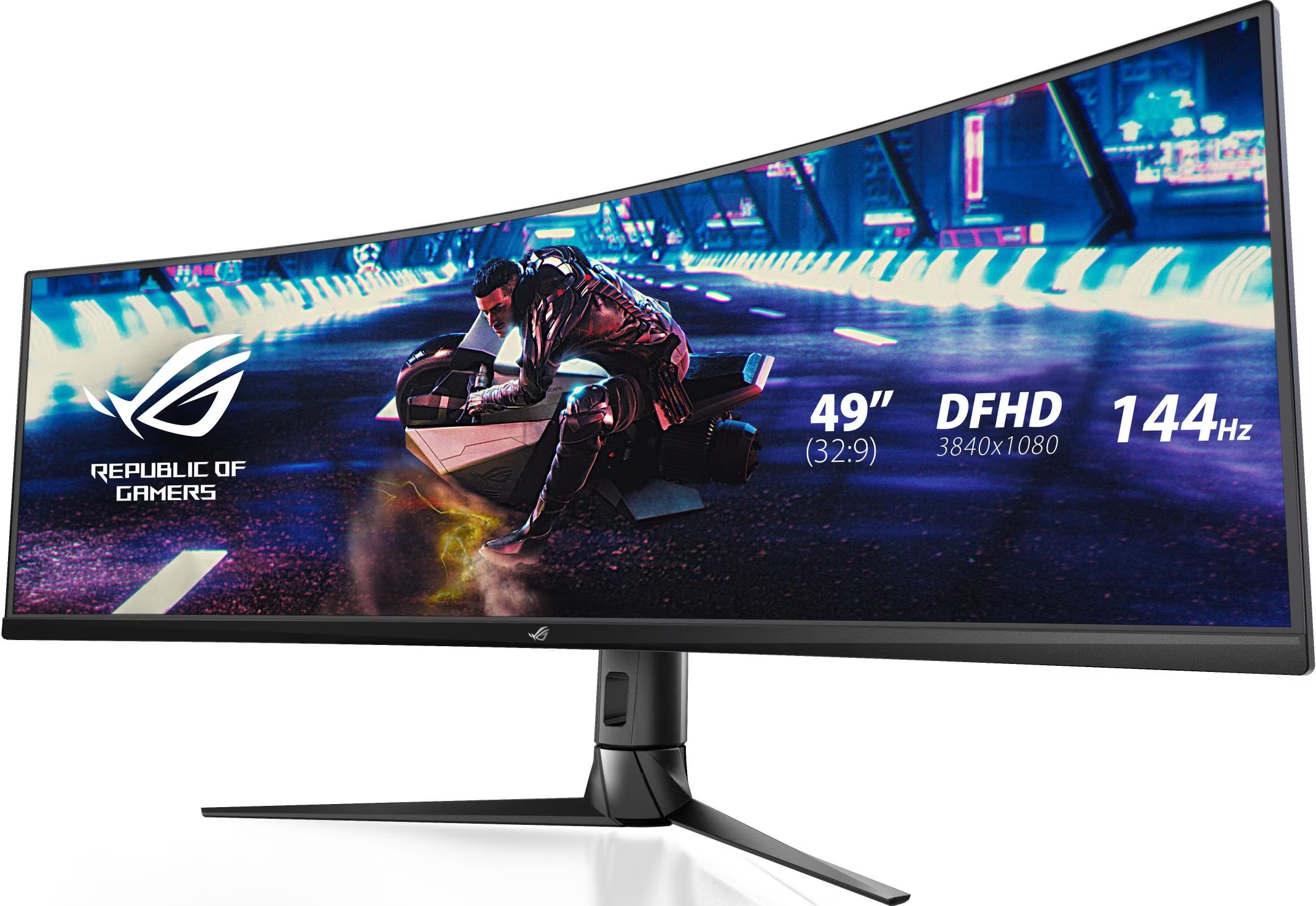 Un écran de jeu incurvé affiche une scène de moto futuriste. Spécifications : 49", DFHD, 144Hz. Le logo ROG est visible.