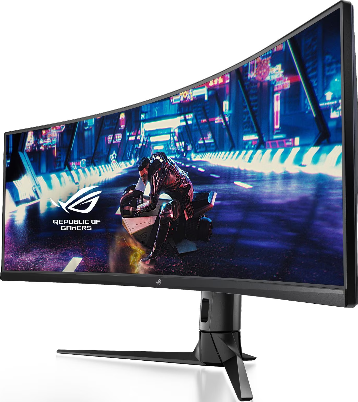 L'écran incurvé affiche une scène futuriste avec un motard. Logo ROG visible. Moniteur noir avec support noir.