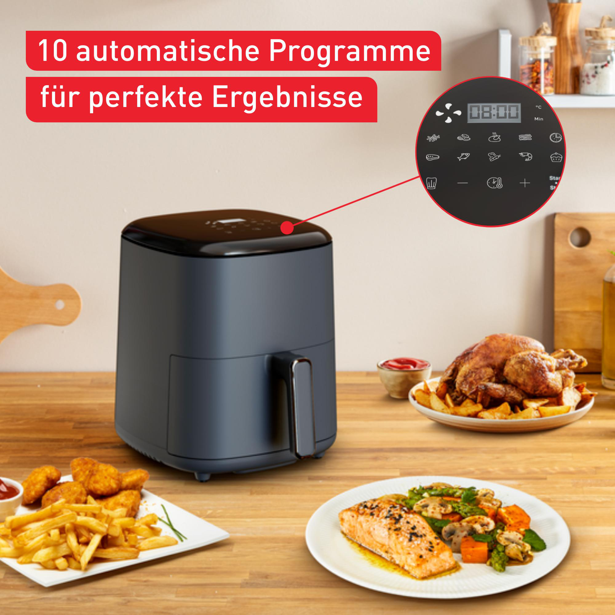 Heißluftfritteuse mit Essen auf einem Tisch, mit Text, der 10 automatische Programme für perfekte Ergebnisse angibt.