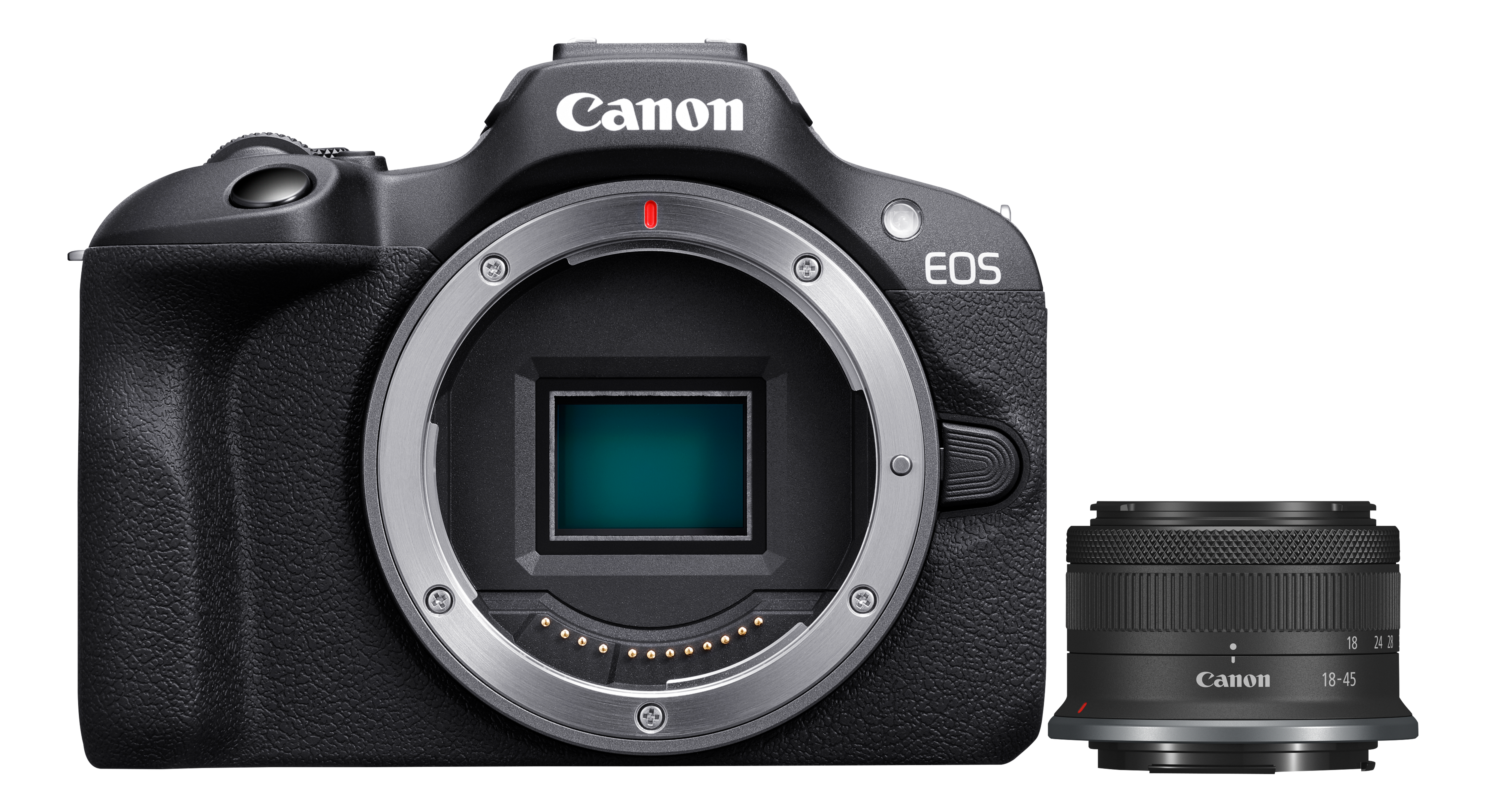 Boîtier d'appareil photo Canon EOS avec objectif, sur fond noir.