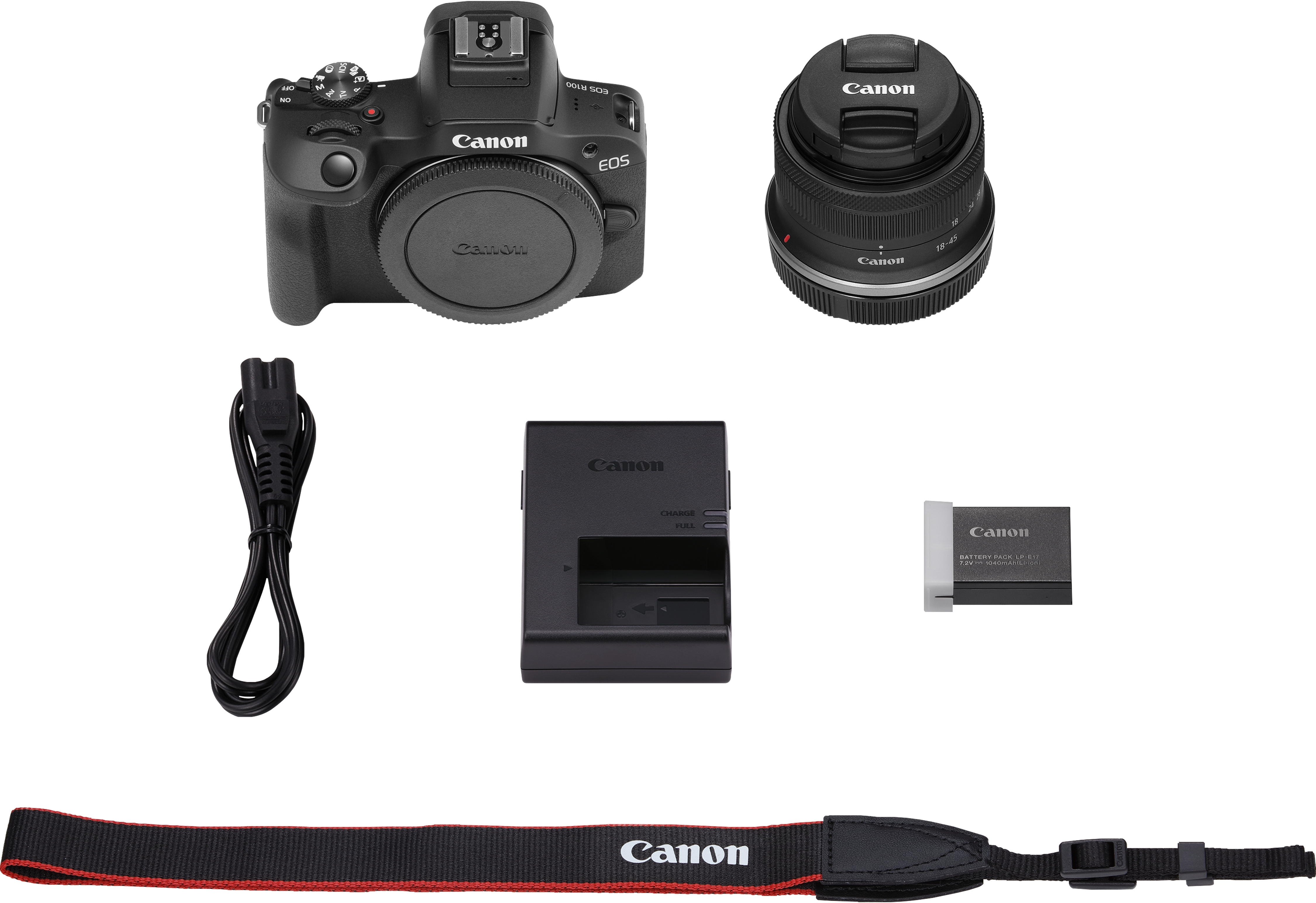 Kit caméra avec appareil photo, objectif, chargeur, batterie et sangle, sur fond noir.