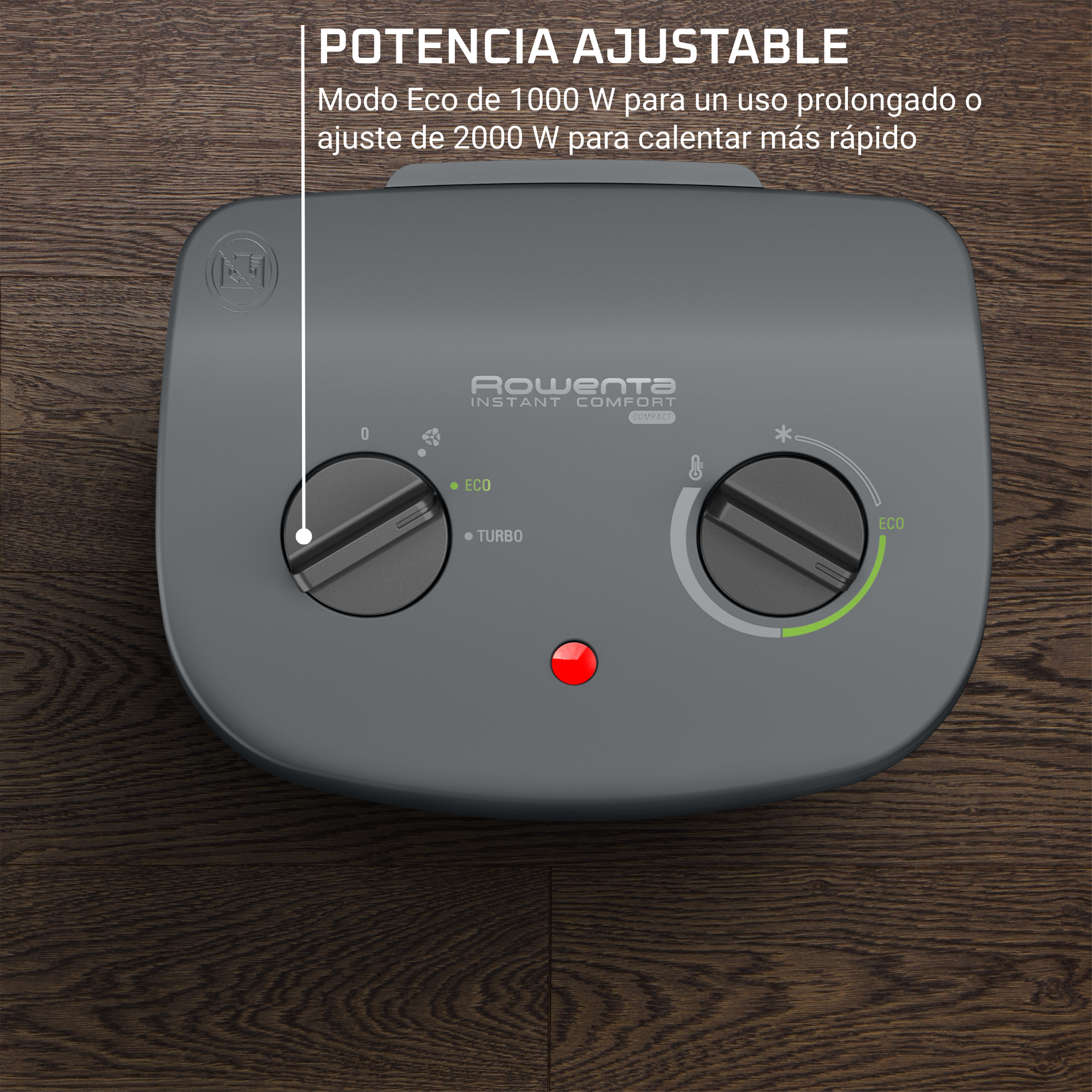 Panel de control con diales y una luz indicadora roja. Texto en español.