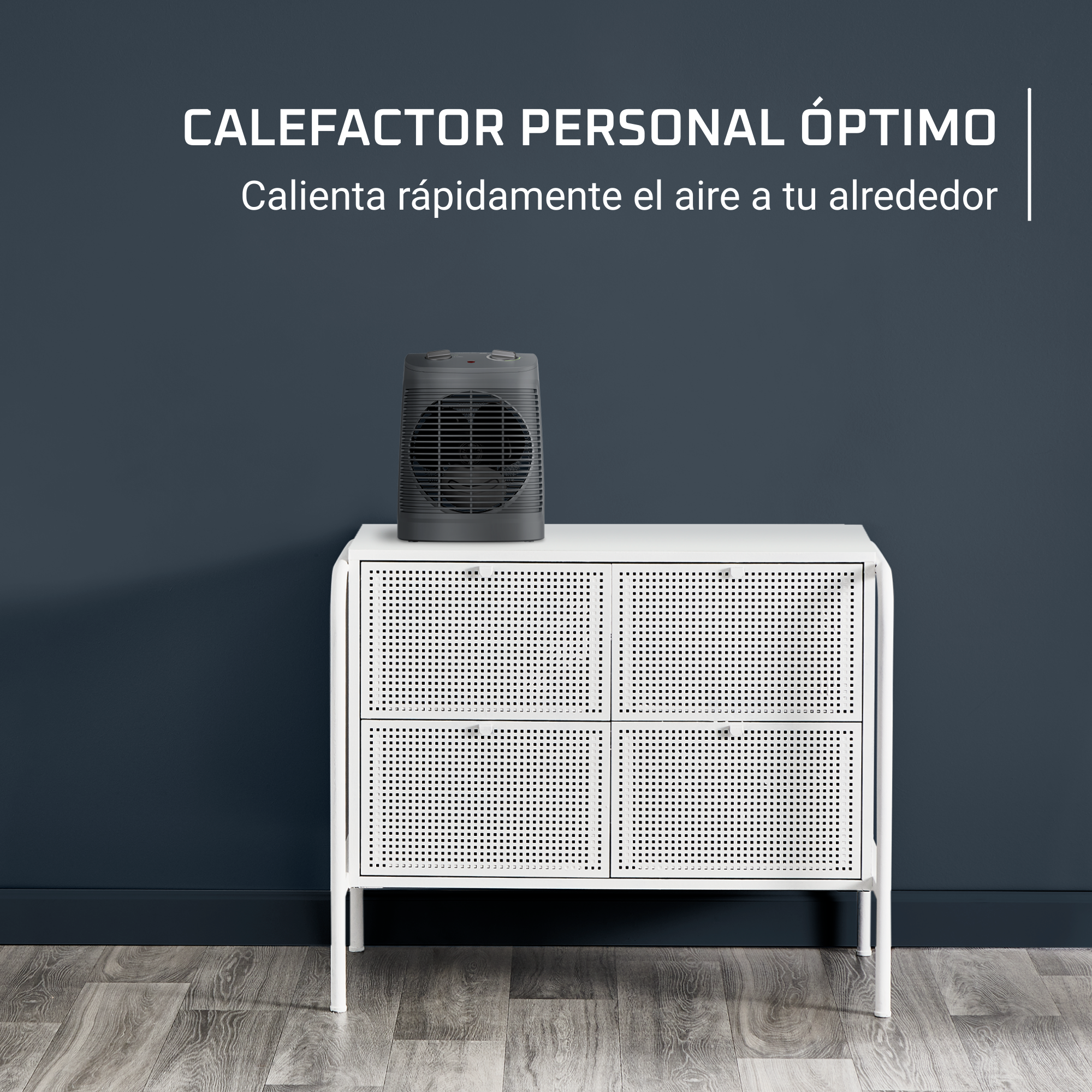 Calentador negro sobre un gabinete blanco. Texto: Calentador personal óptimo.