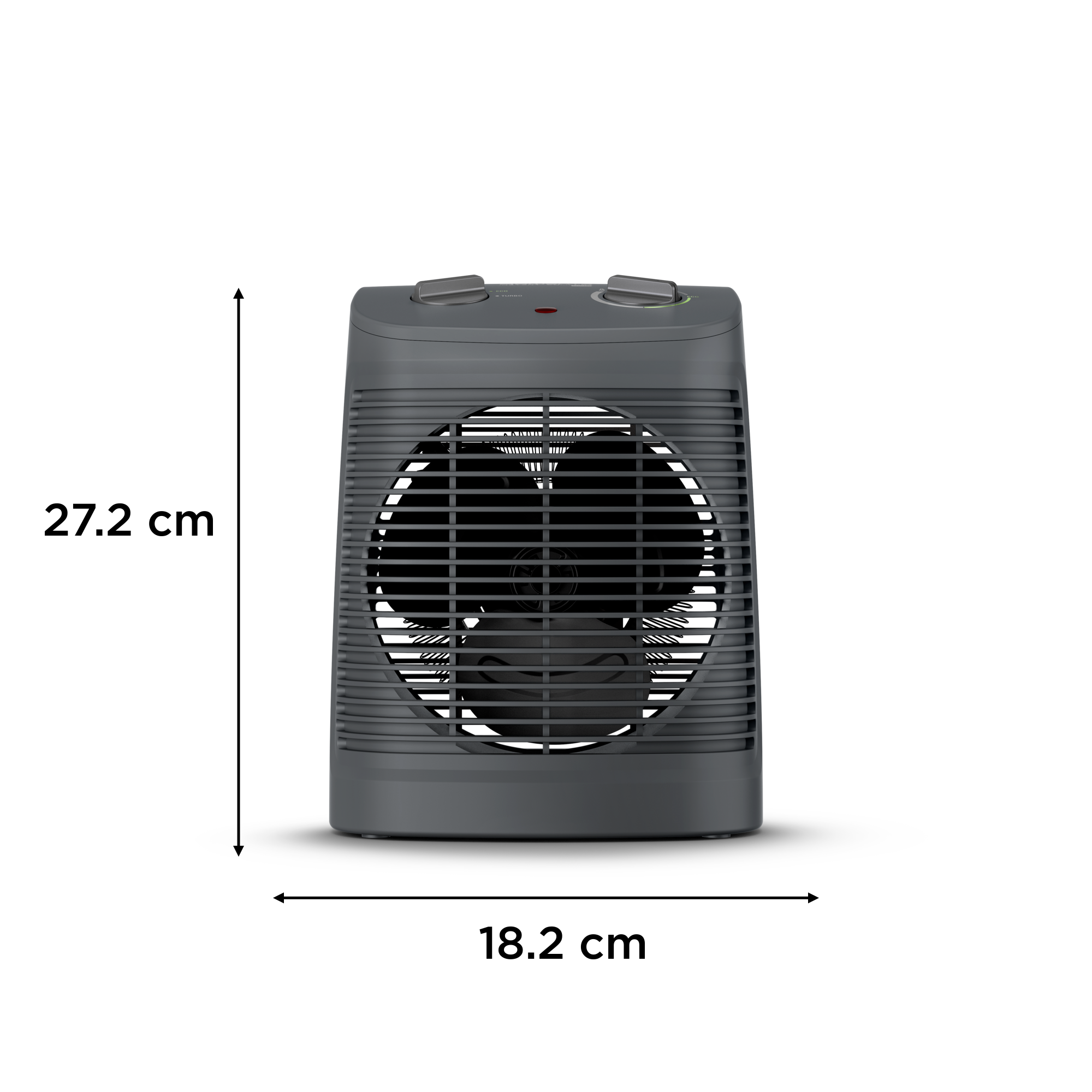 Un ventilador negro con dimensiones, sobre un fondo blanco.