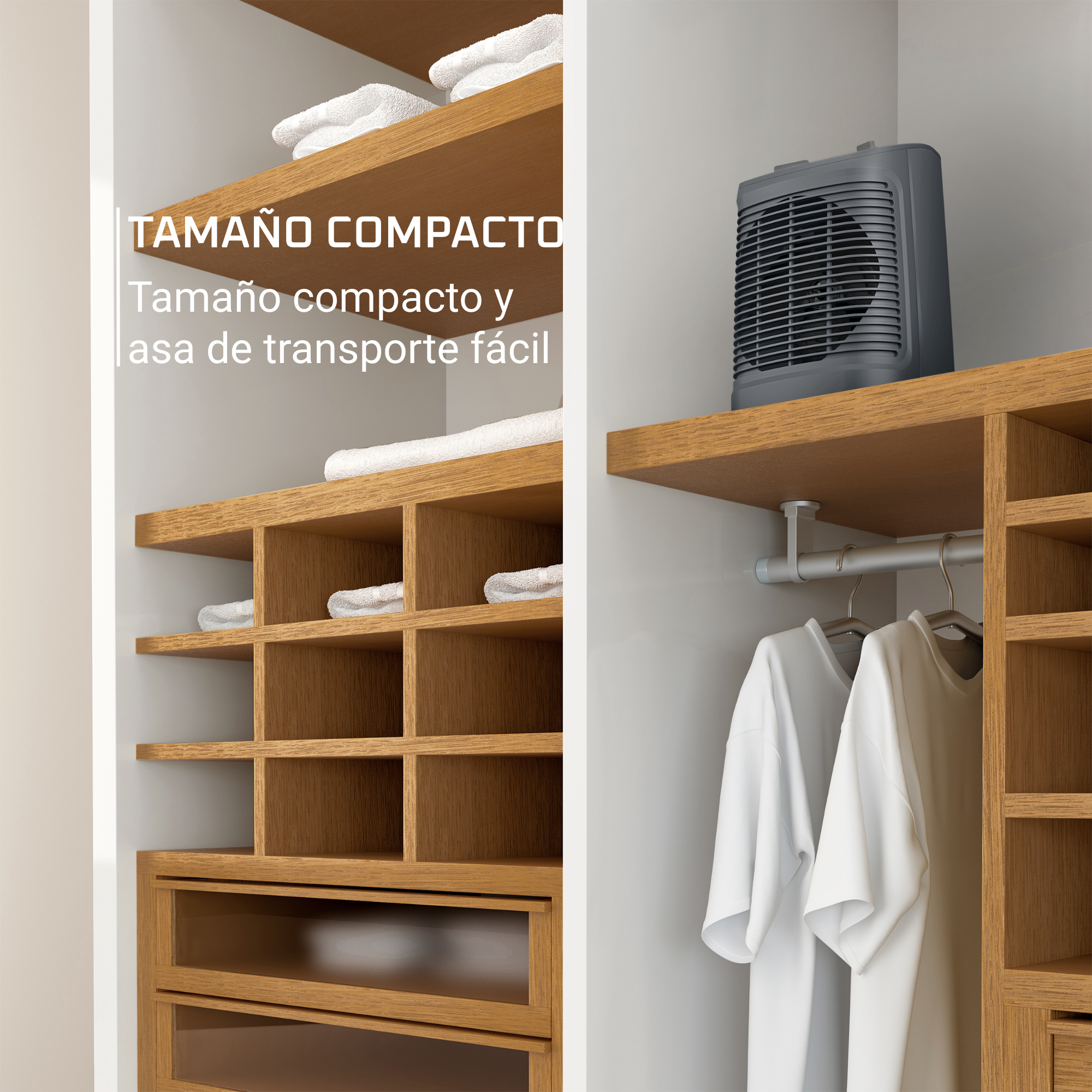 Armario de madera con estantes y calefactor. Toallas blancas en los estantes. Camisetas blancas colgando.