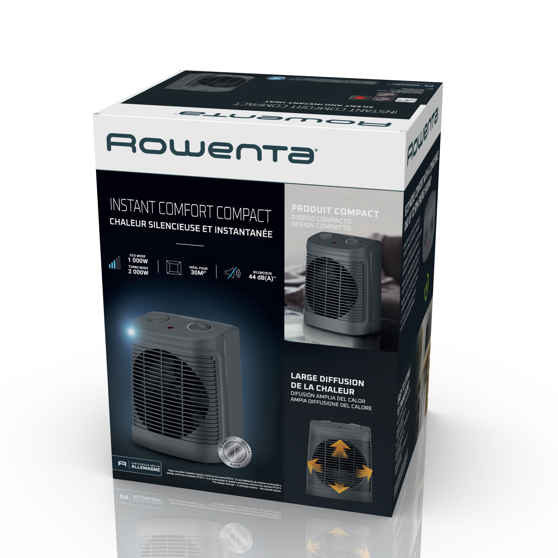 Caja del calentador Rowenta Instant Comfort Compact. La caja muestra el calentador y las especificaciones: 1000W/2000W, 30m², 44 dB(A).