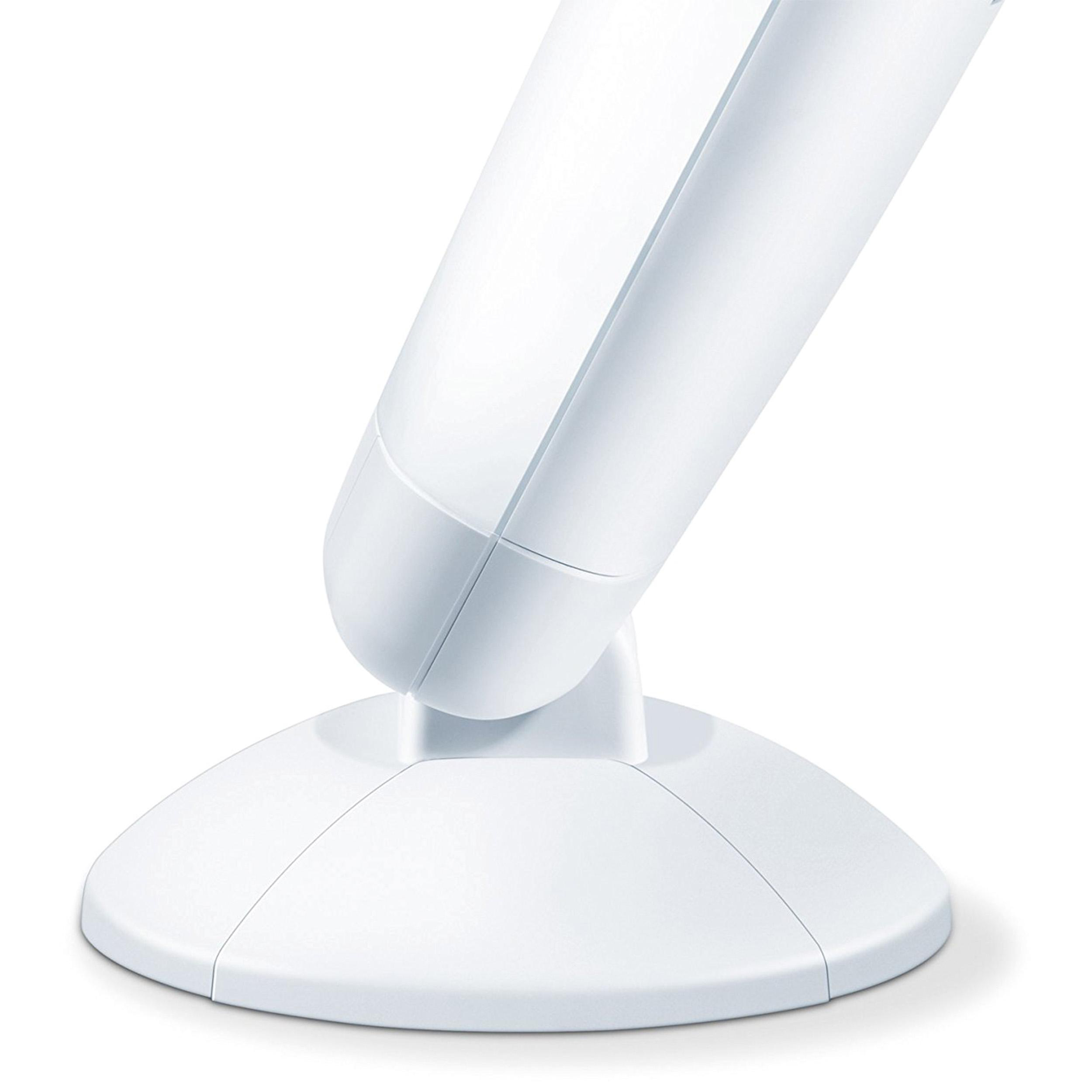 Weiße Lichttherapielampe mit gewölbtem Oberteil und rundem Sockel, auf weißem Hintergrund.