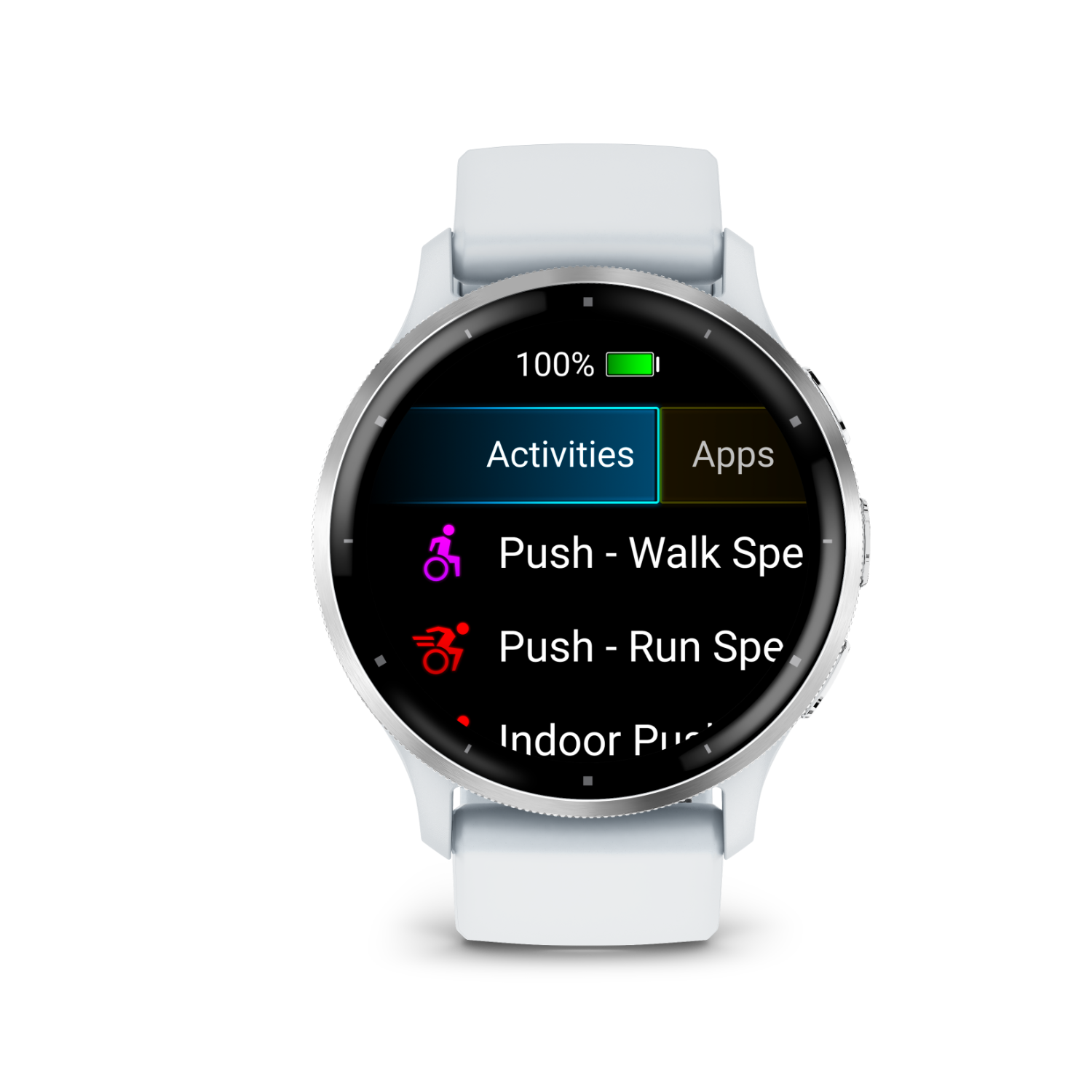 A white smartwatch displays activity apps, showing 