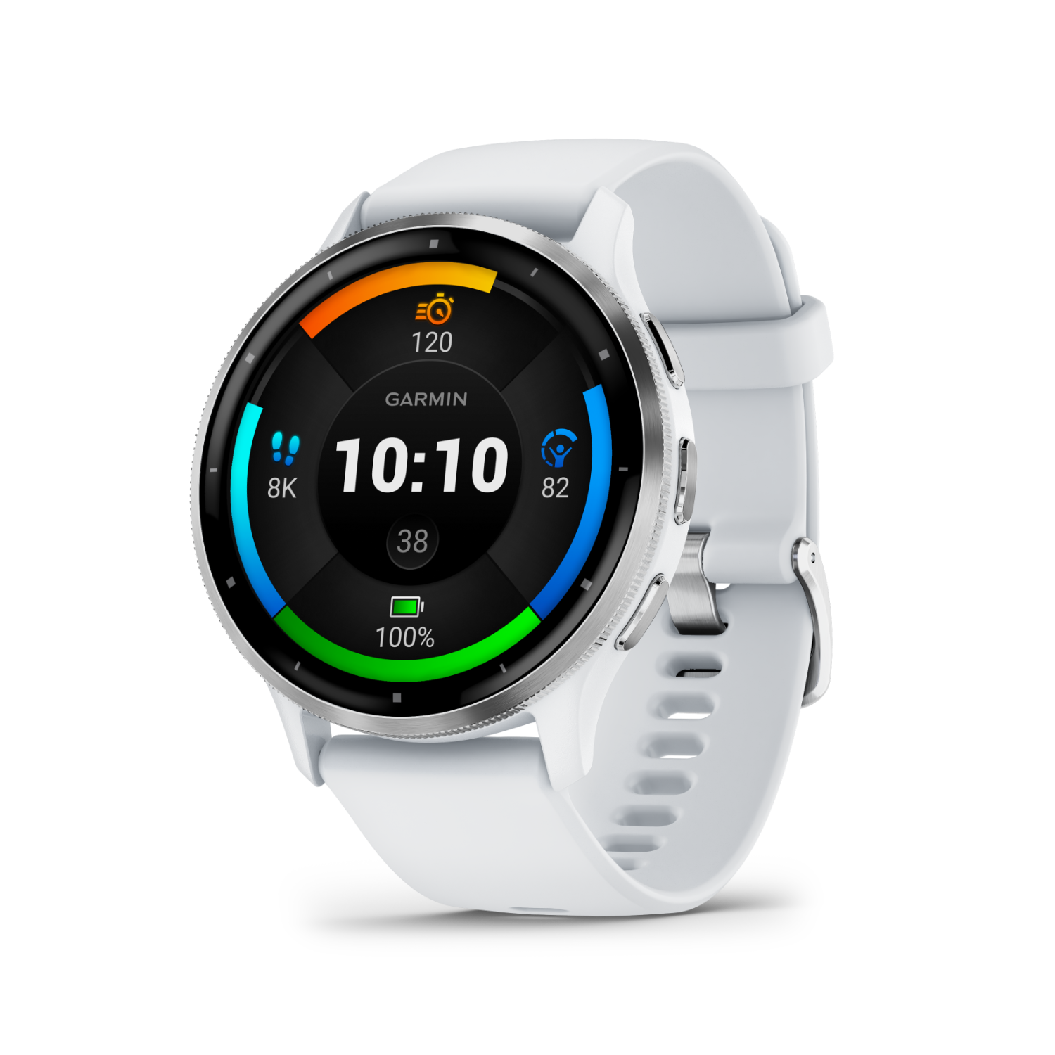White Garmin smartwatch on black background. The watch face displays time, stats, and a 100% battery.