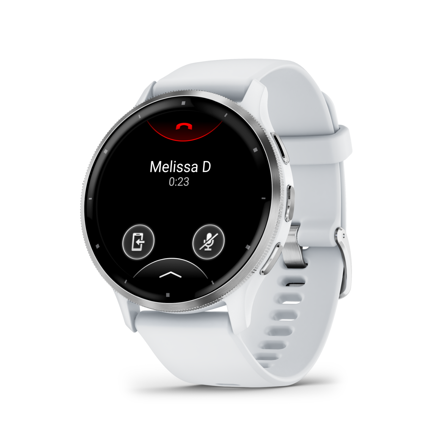 White smartwatch with a screen displaying a call. A woman's name and call duration are visible.