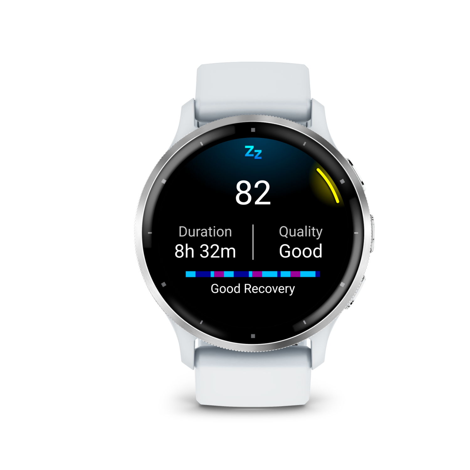 White smartwatch displays sleep data: duration 8h 32m, quality good.