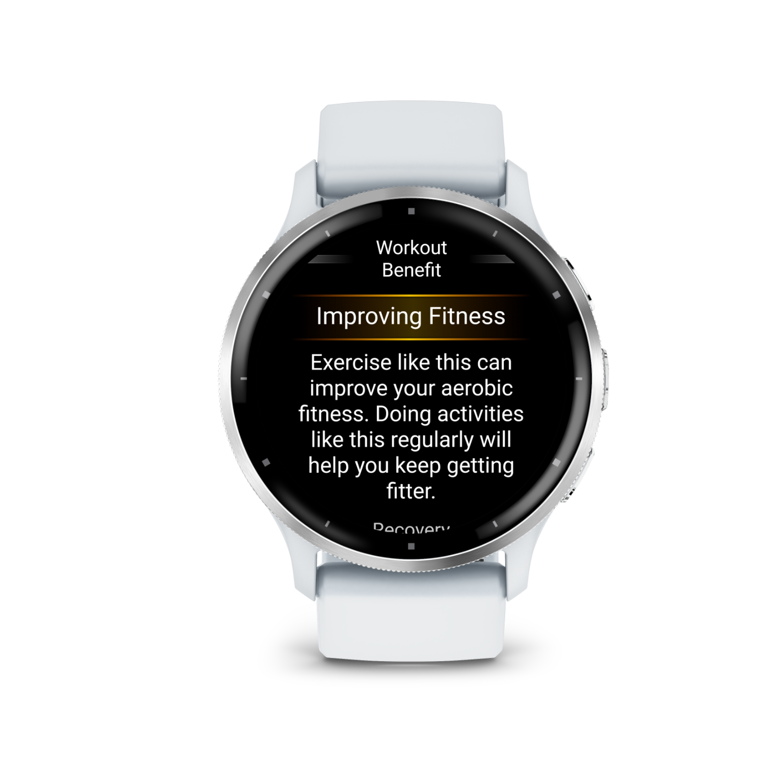 A white smartwatch displays 'Improving Fitness'. Text explains how exercise improves aerobic fitness.