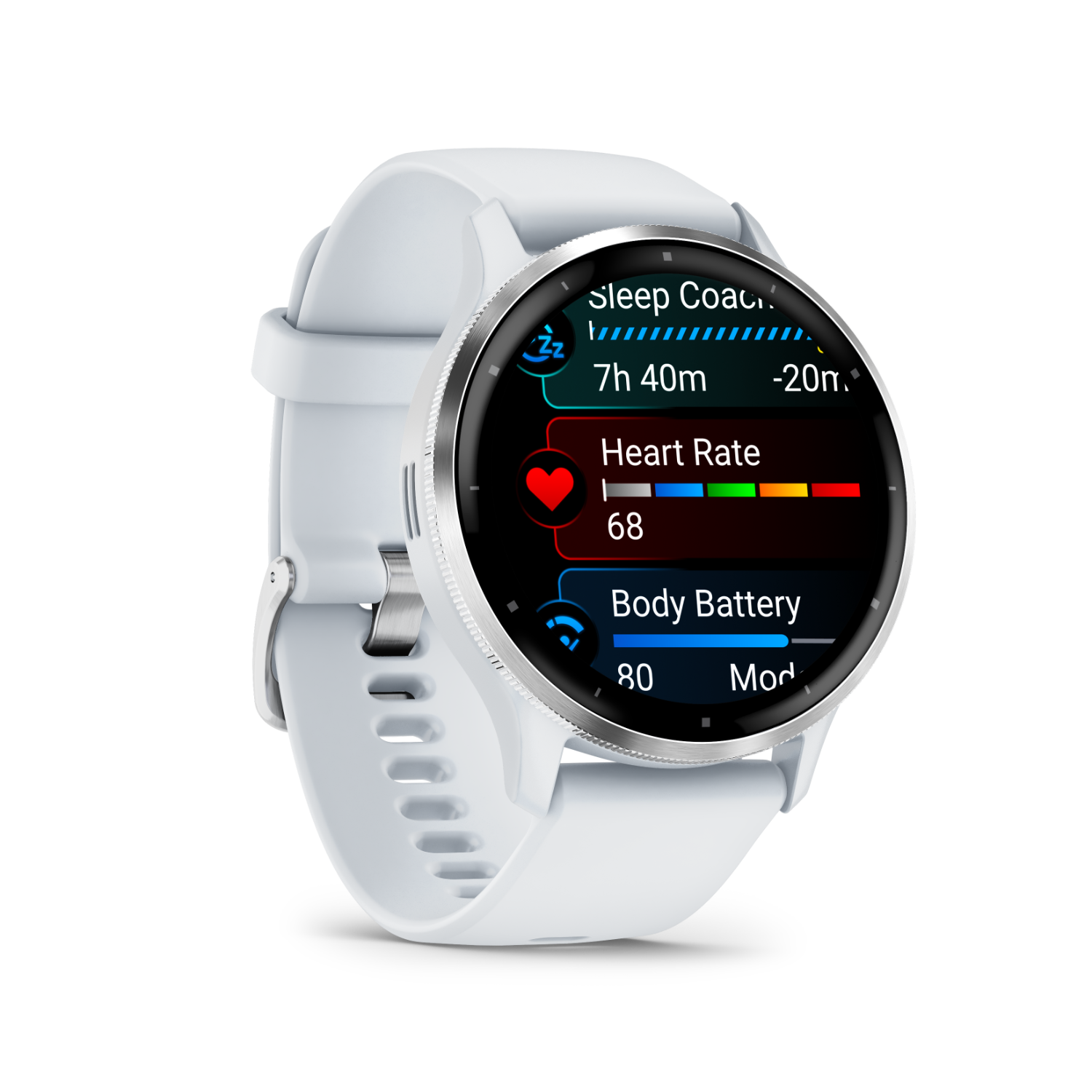 A white smartwatch on a black background. The watch displays health metrics like heart rate and sleep.