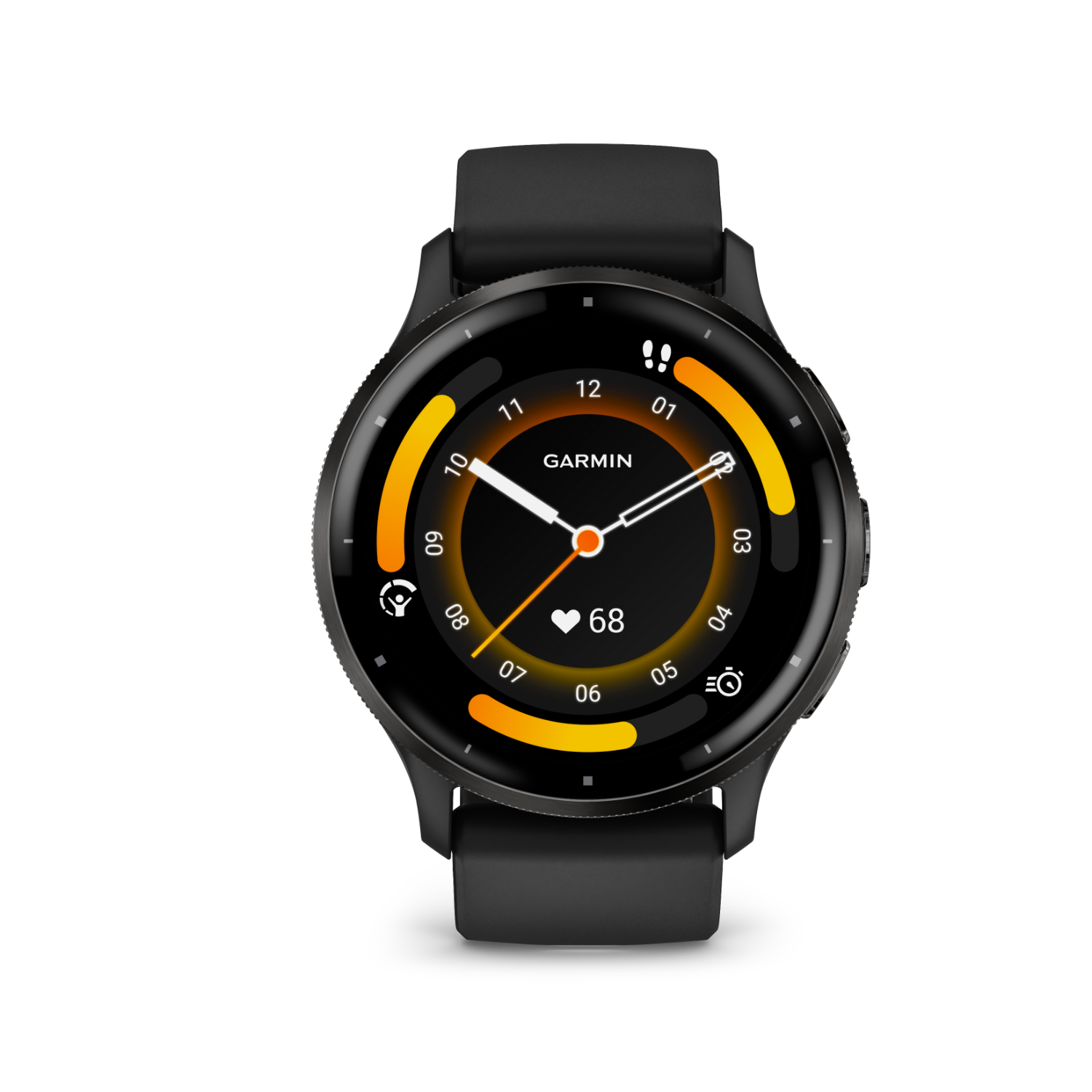 A black Garmin smartwatch displaying time, heart rate, and other health metrics.