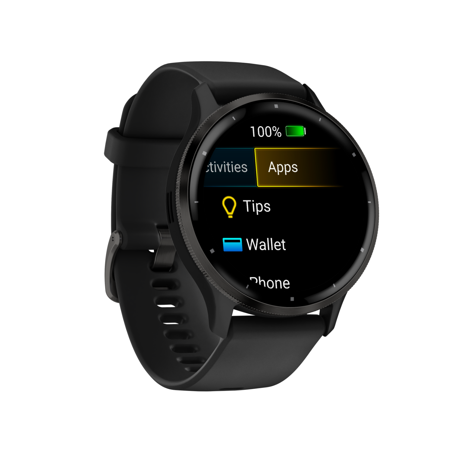 Black smartwatch with a screen showing Apps menu.