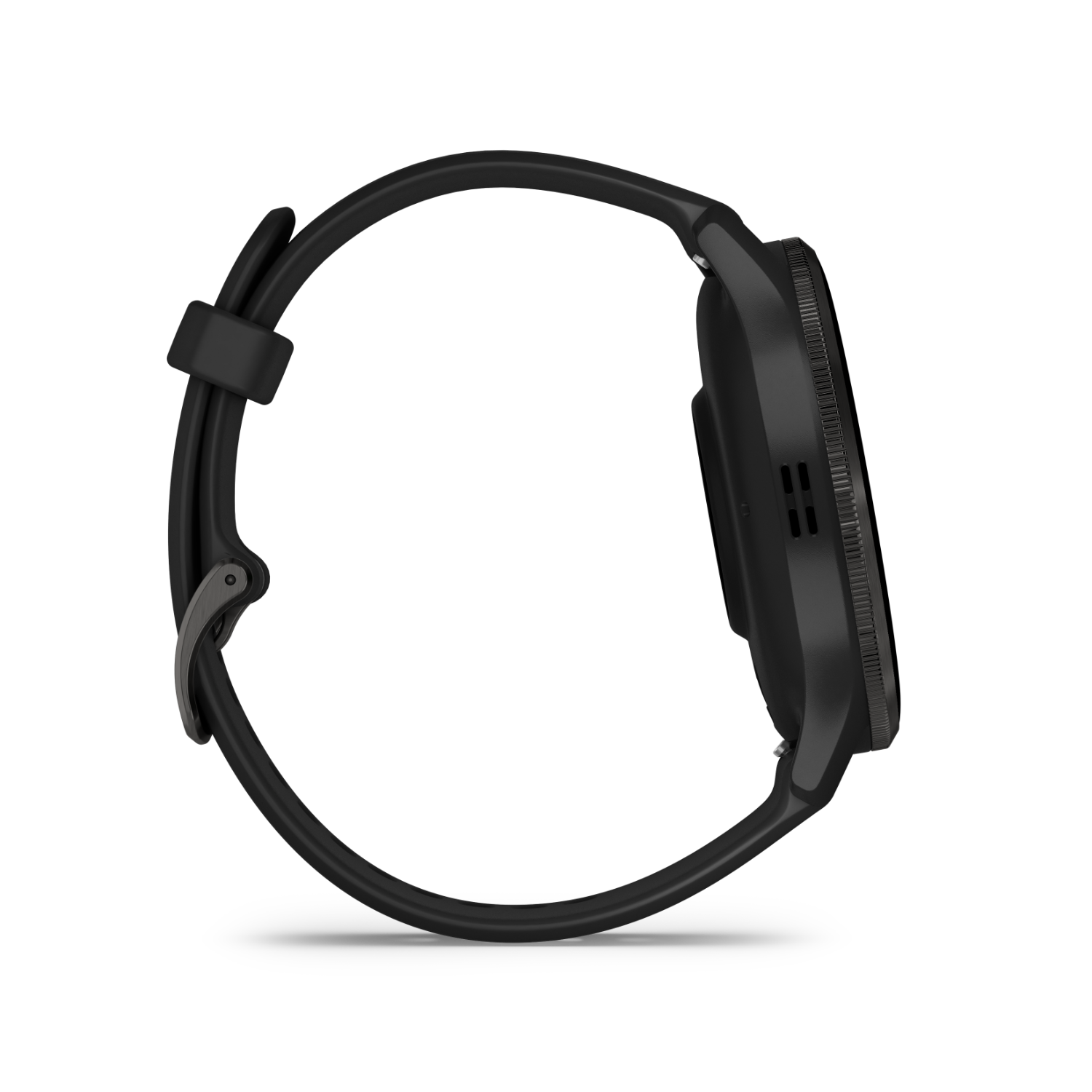 Black Garmin smartwatch, side view, showing the watch strap and the watch face.