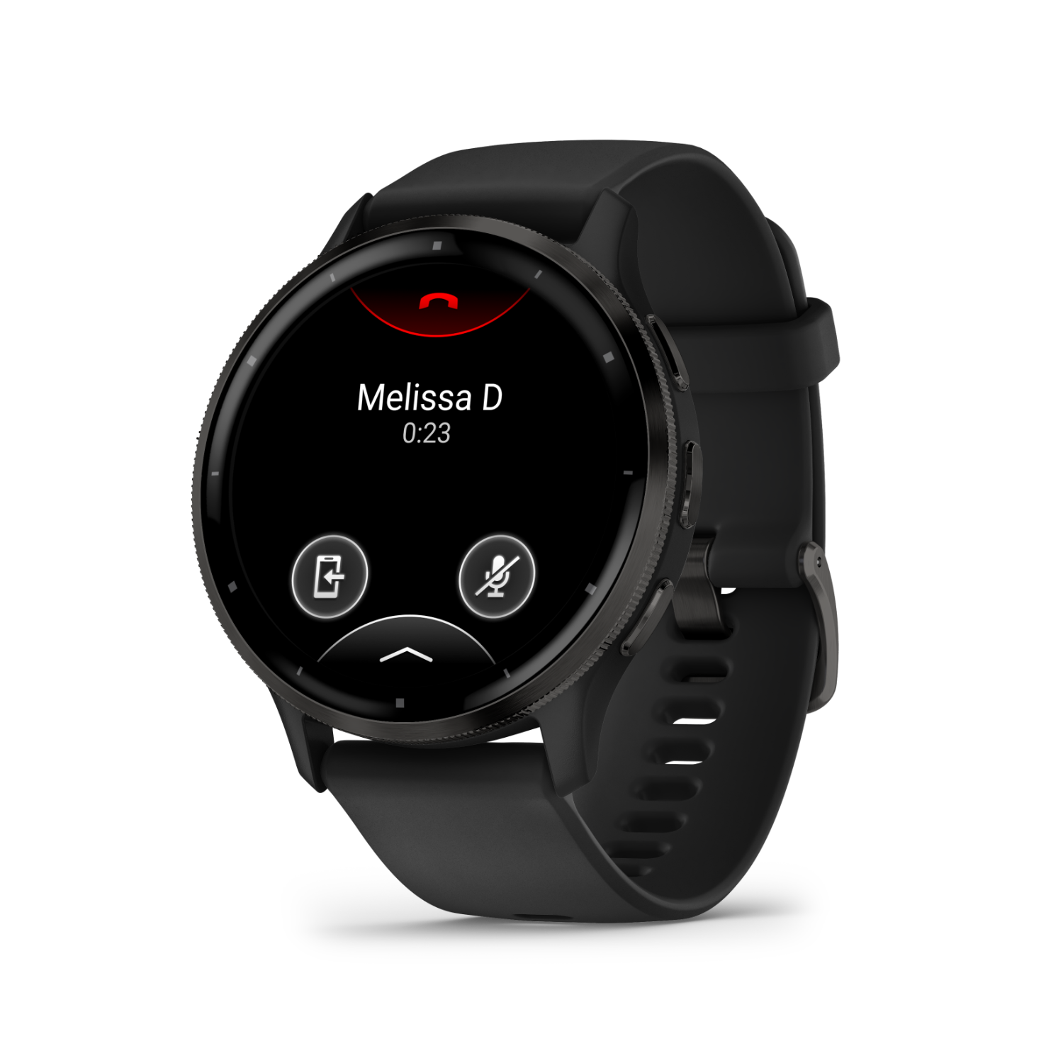 Black smartwatch showing a call from Melissa D. on its screen.