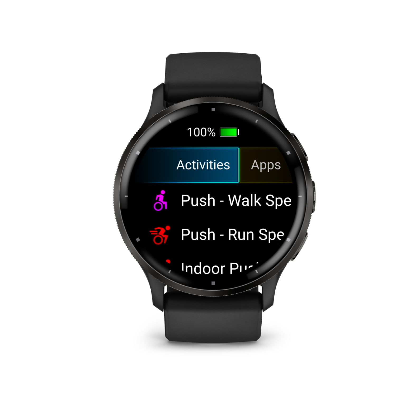 Smartwatch showing activity options. Displays 'Activities' and 'Apps'. The activity options include walking and running.