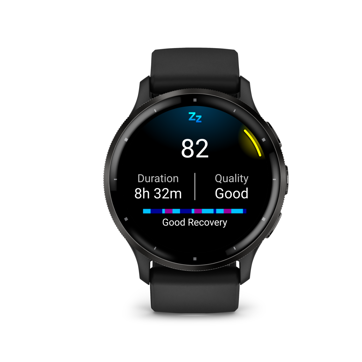 A black smartwatch displays sleep data: duration, quality, and recovery. Black background.