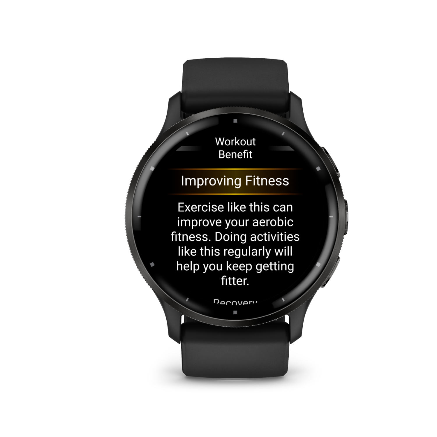 Black smartwatch displaying 'Improving Fitness' with text on a black background.