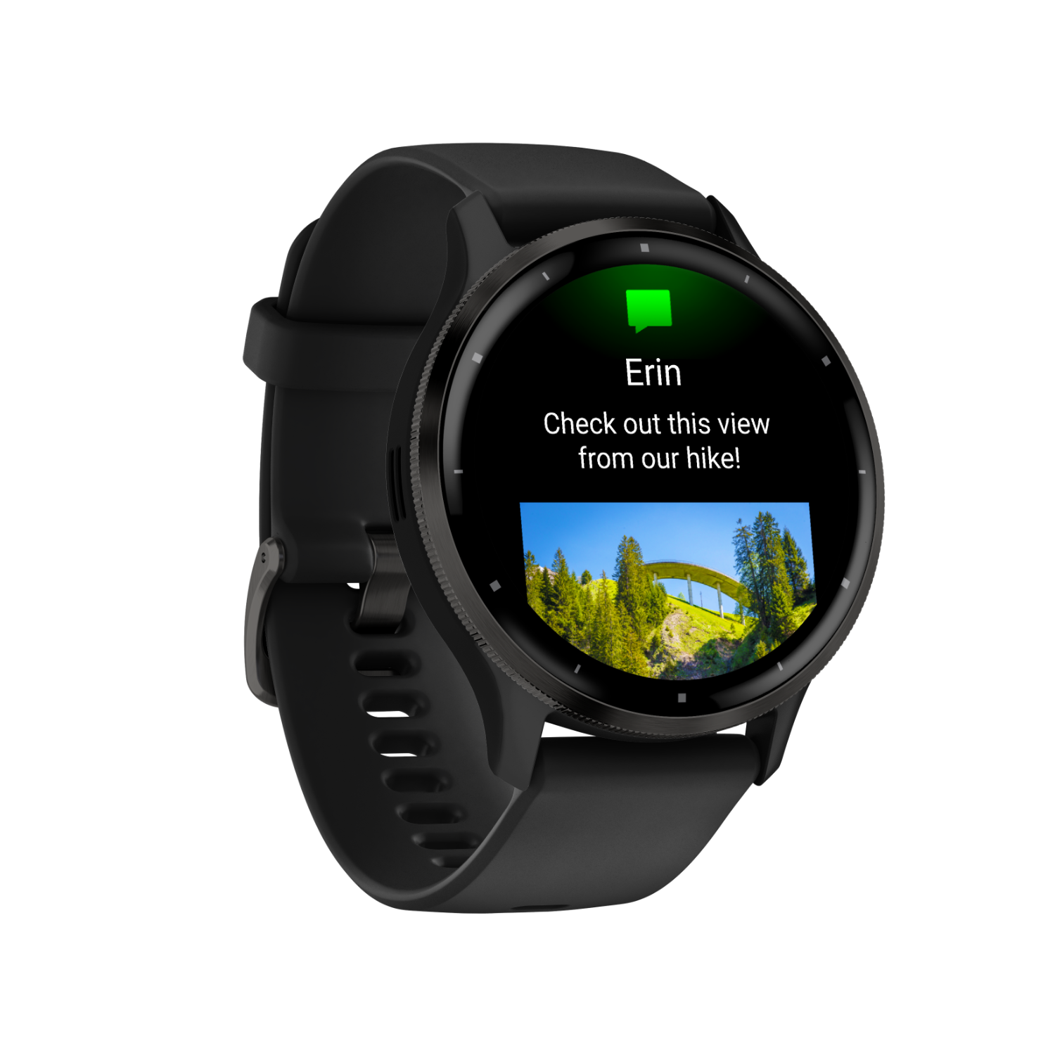 Black smartwatch displaying a bridge view, with the text 'Check out this view'.