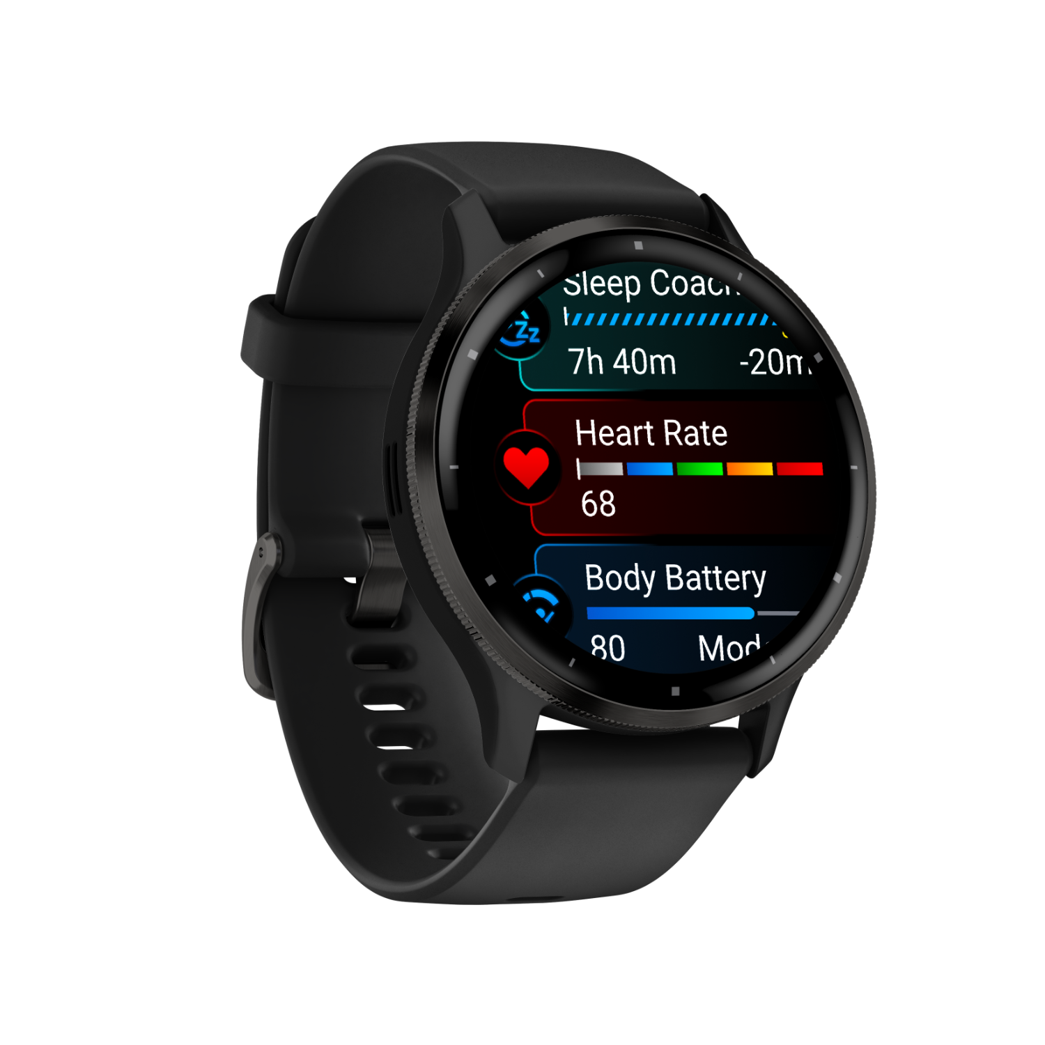 Black Garmin smartwatch displaying heart rate and sleep data. Black background.