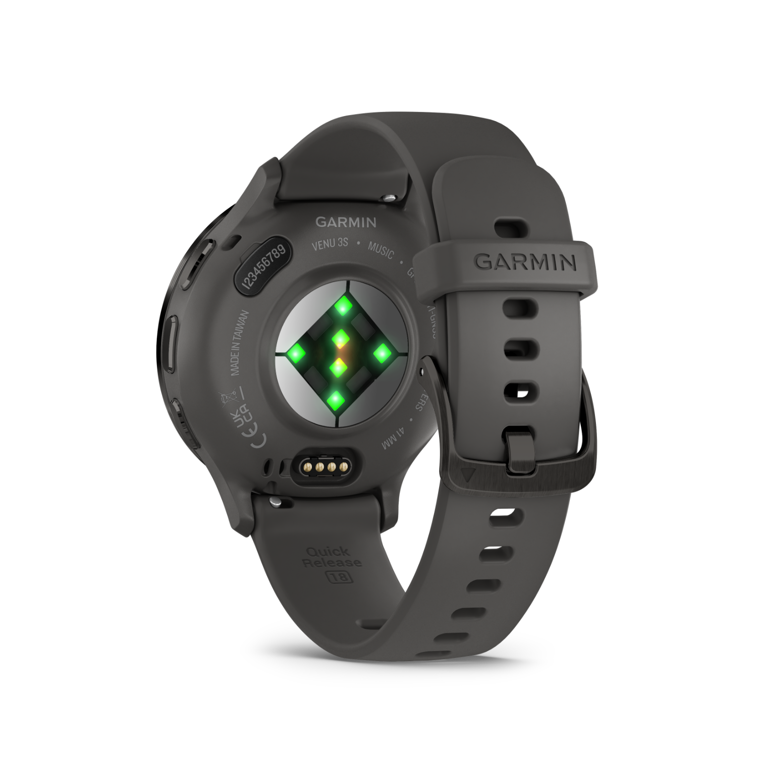 A smartwatch with a dark gray strap, the back is visible. The background is black.