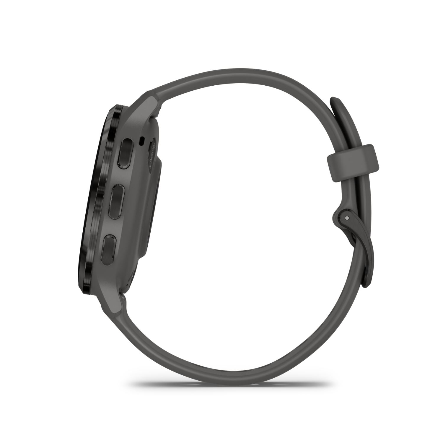 A gray smartwatch with a dark background.