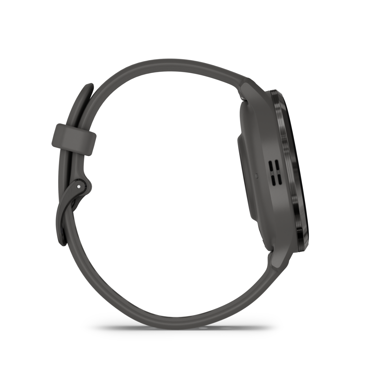 Garmin smartwatch, side view, grey strap, dark grey watch face, black background.