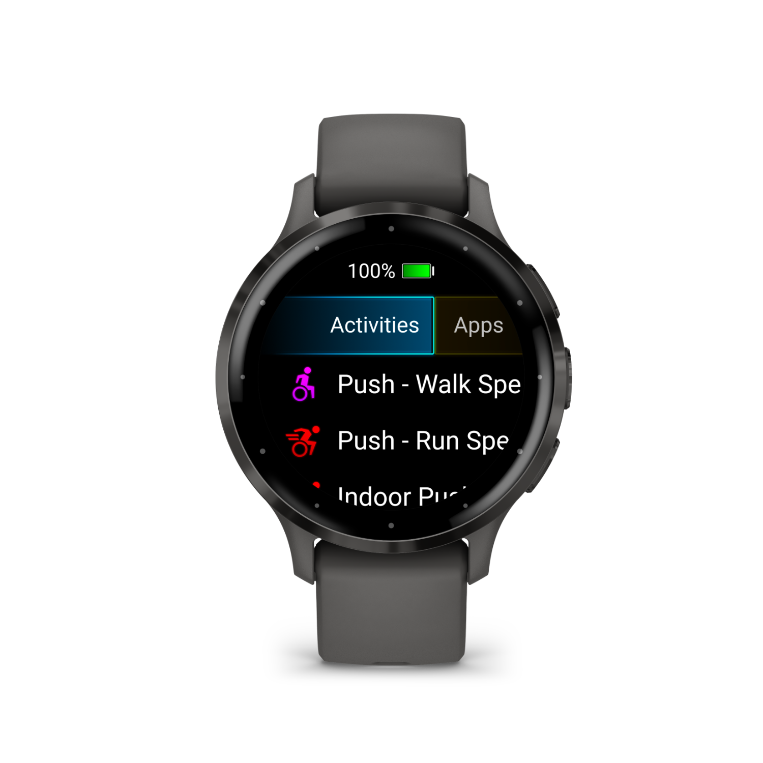 A black smartwatch displaying activities and apps on its screen.