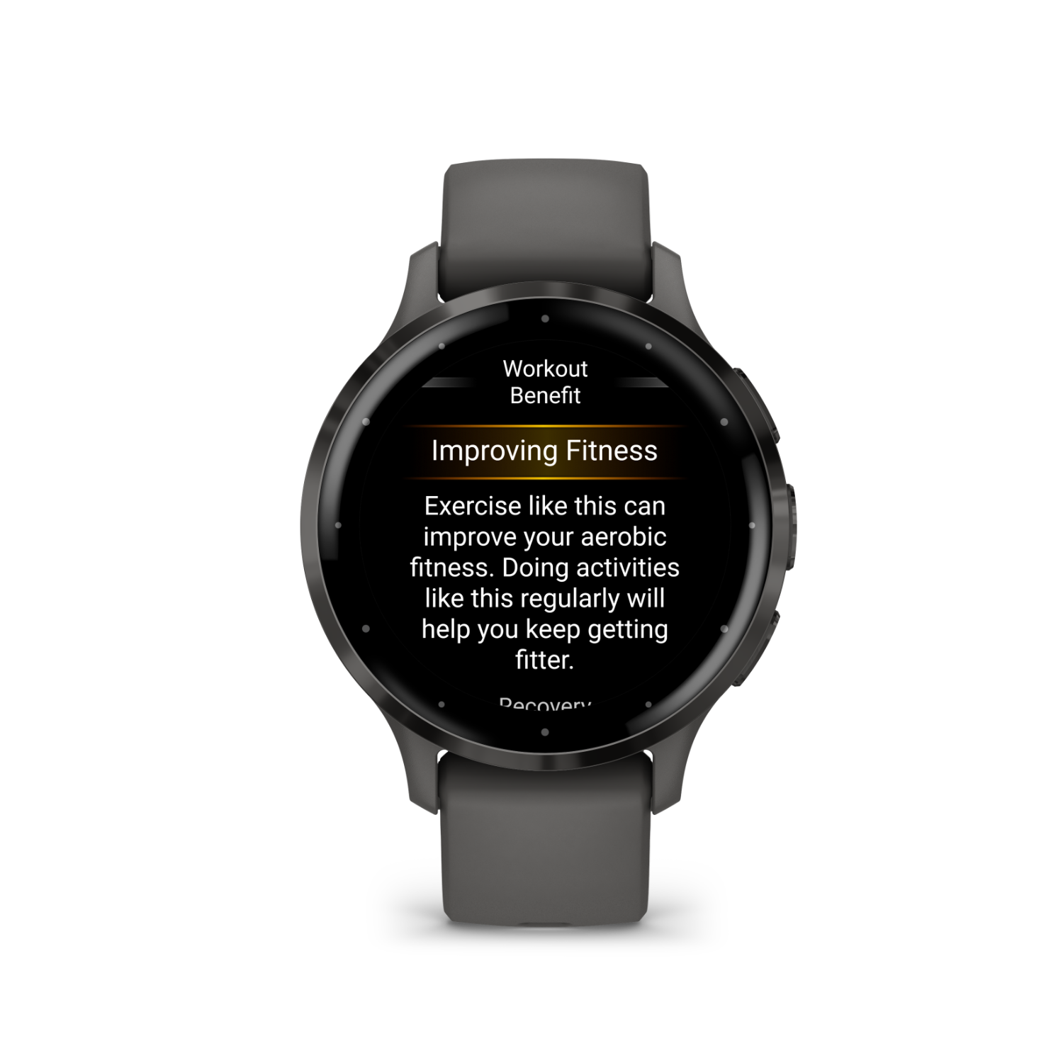 A smartwatch with a gray strap displays workout benefits, improving fitness with regular exercise.