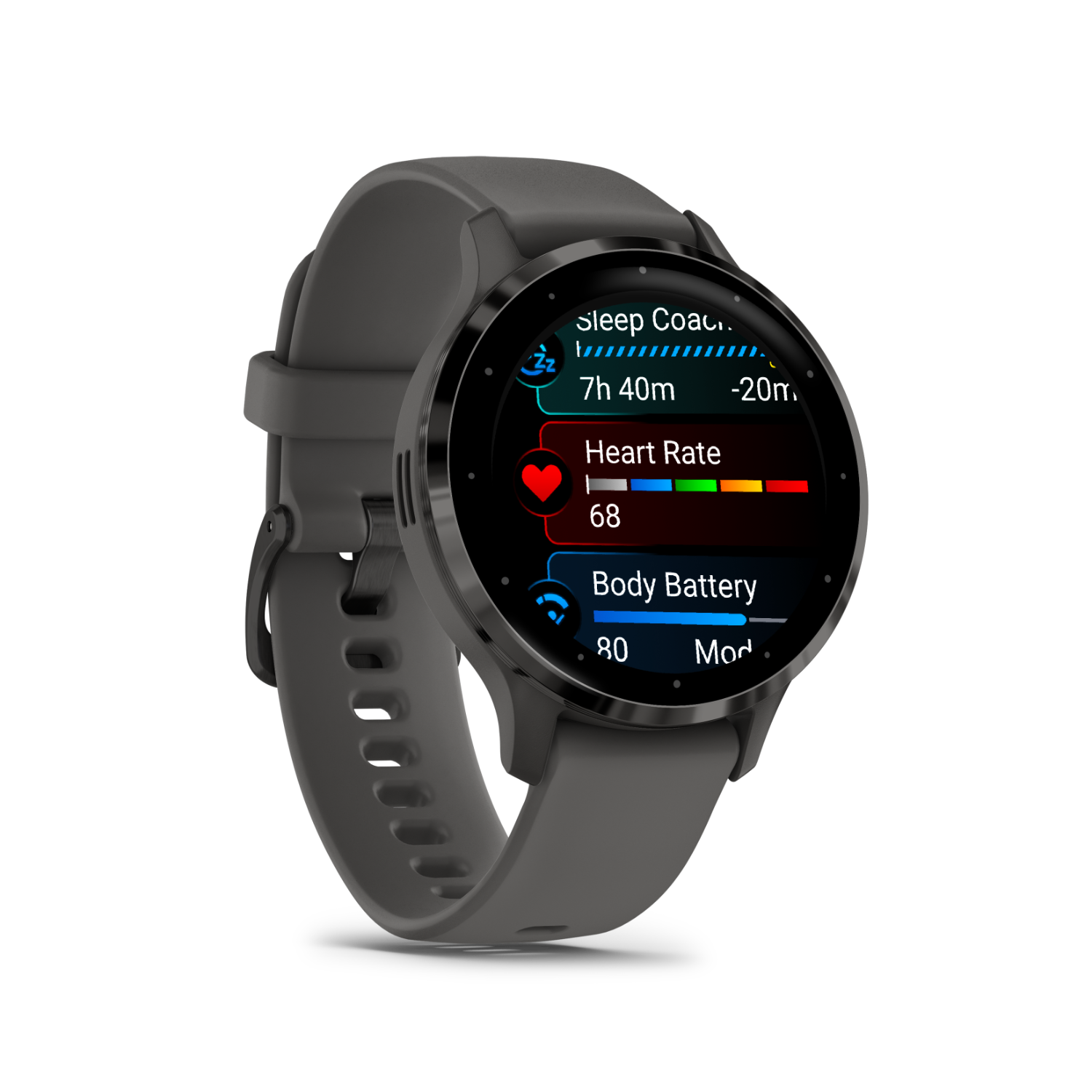 Smartwatch displaying heart rate, sleep tracking, and body battery data.