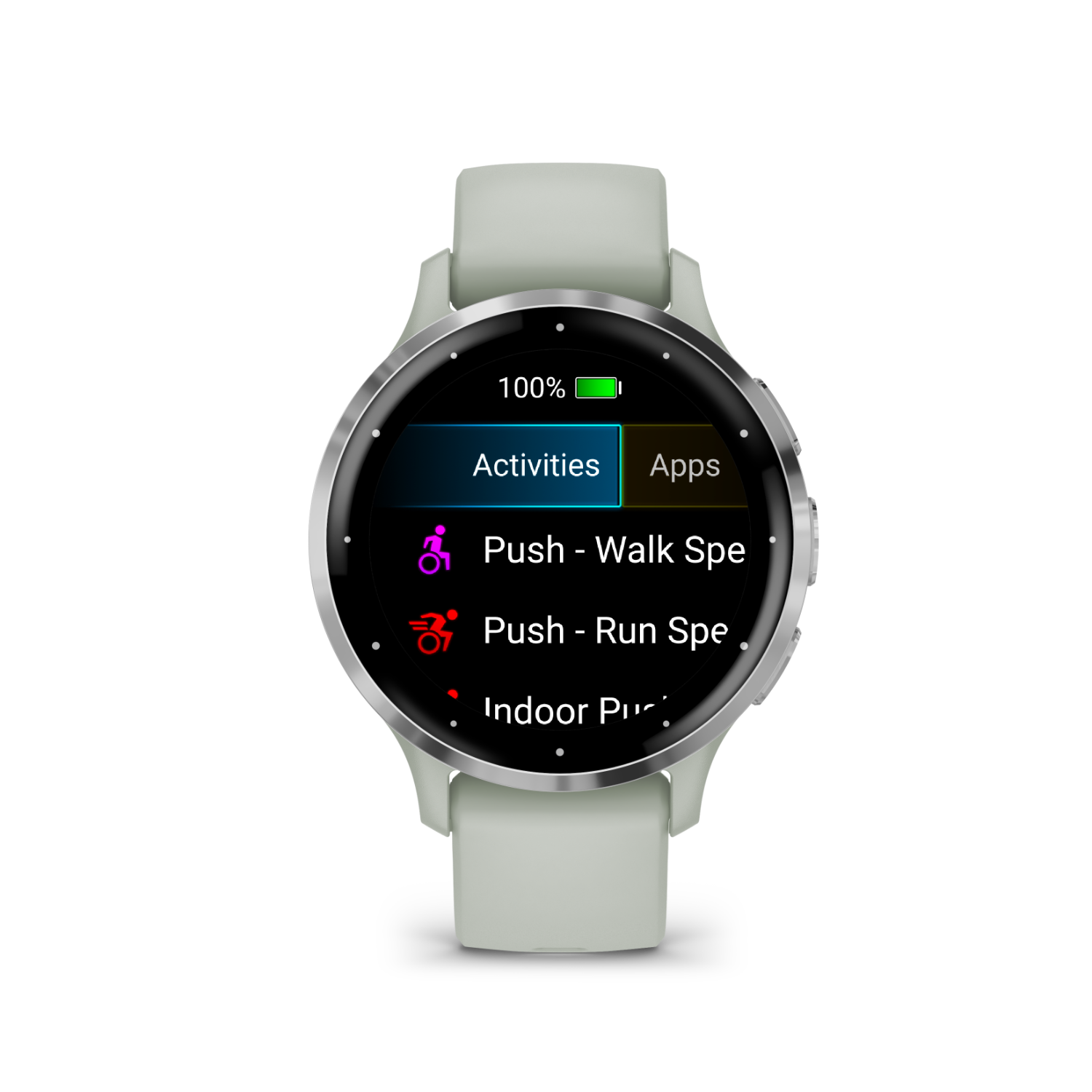 Smartwatch showing activity and app options. Gray band. Black background.