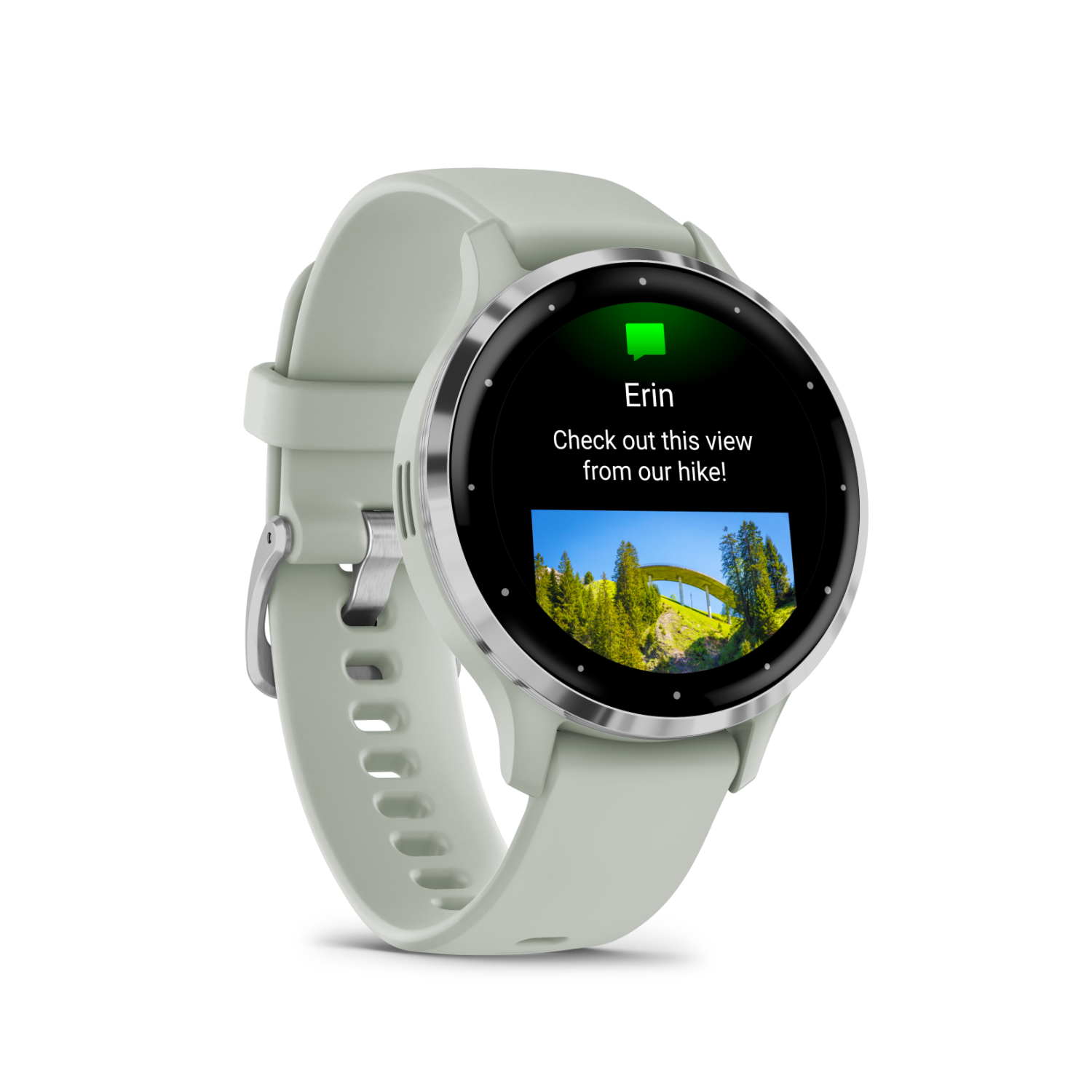 Smartwatch displaying a hiking photo and a message from 'Erin'.