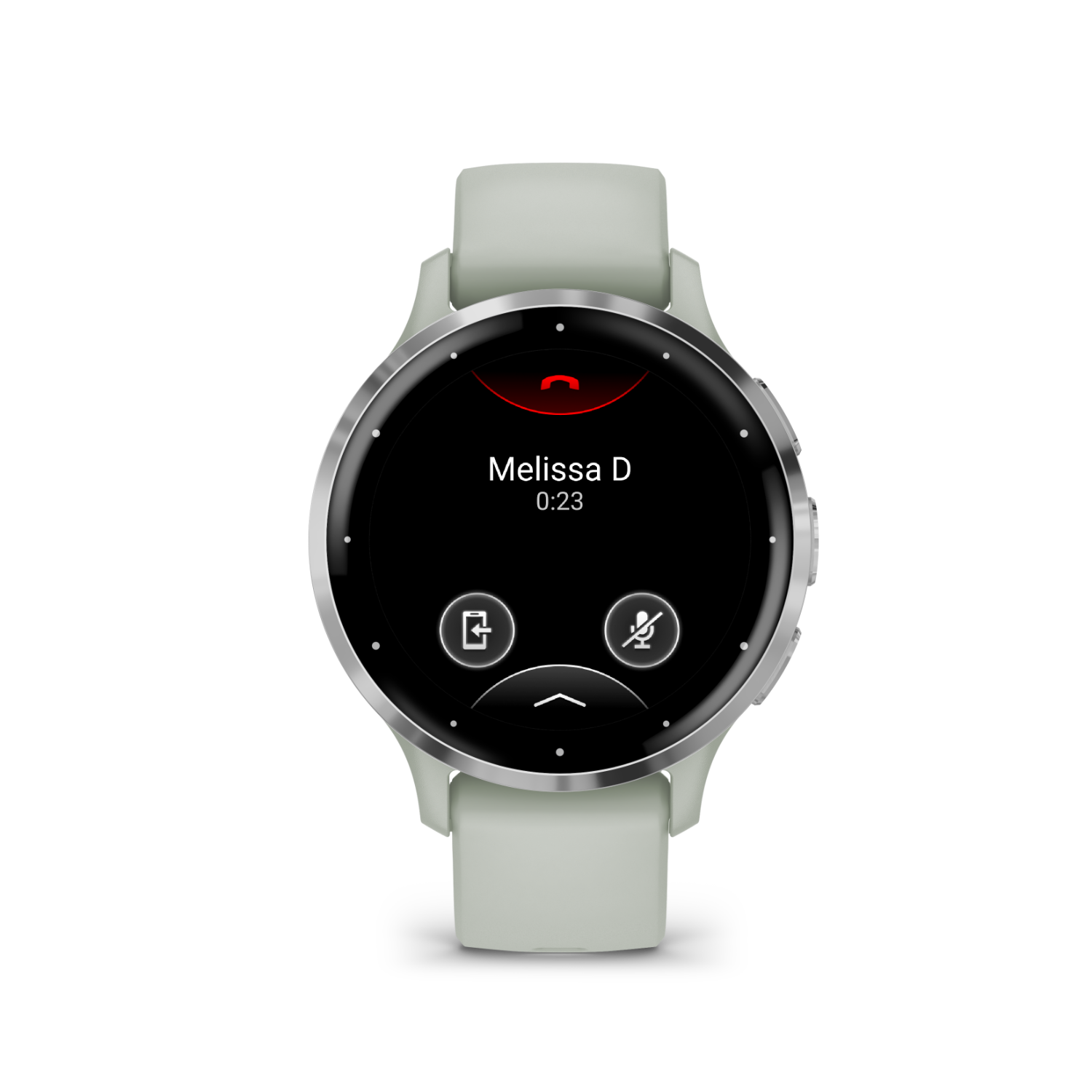 Smartwatch showing a call from Melissa D., with call and mute options.
