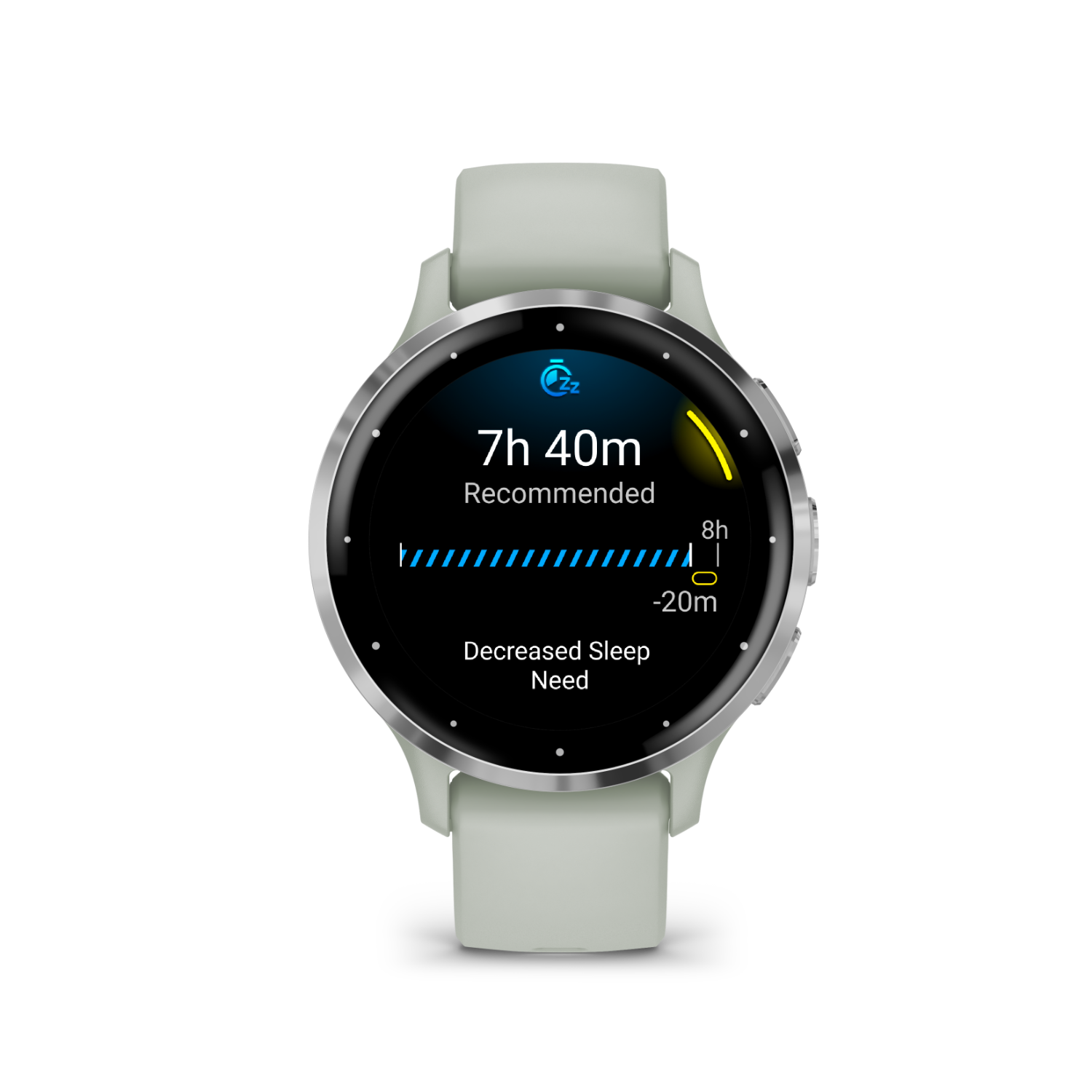 A close-up of a round smartwatch showing sleep duration and recommendations.