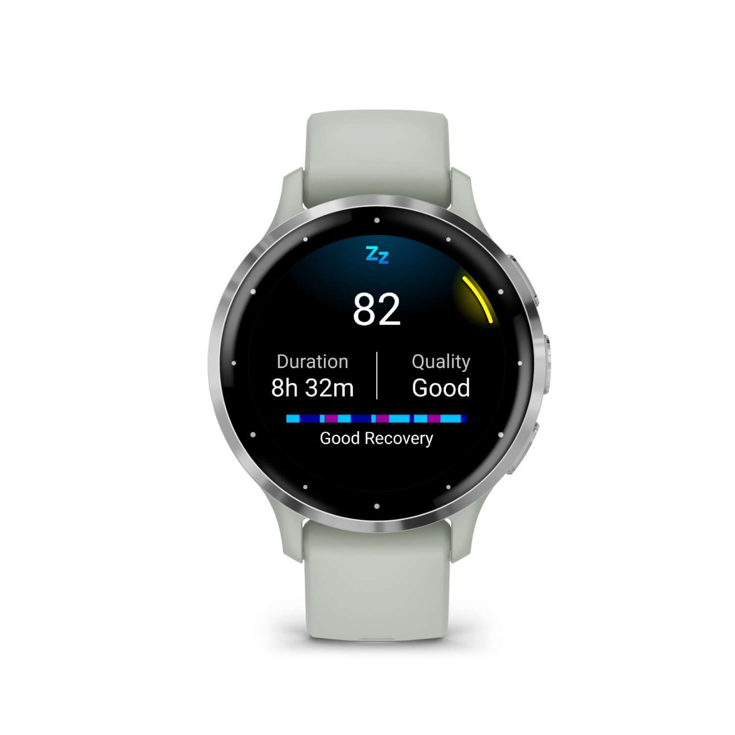 A smartwatch displaying sleep data: duration, quality, and recovery.