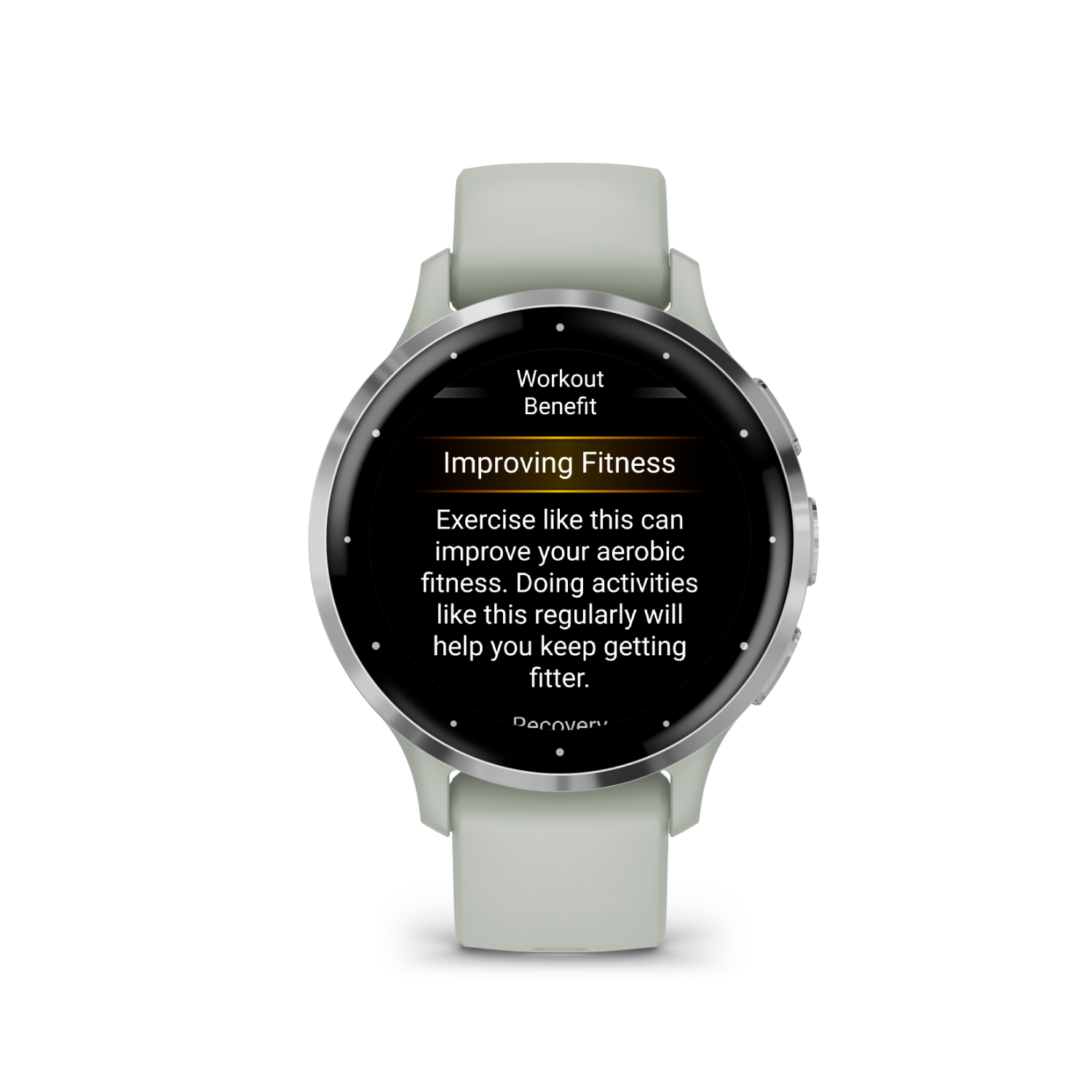 Smartwatch with workout information on screen, showing fitness improvement details.