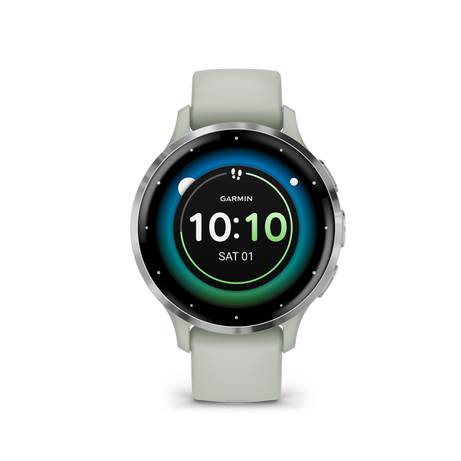 A smartwatch with a green, blue, and white display showing the time 10:10 and Saturday 01.