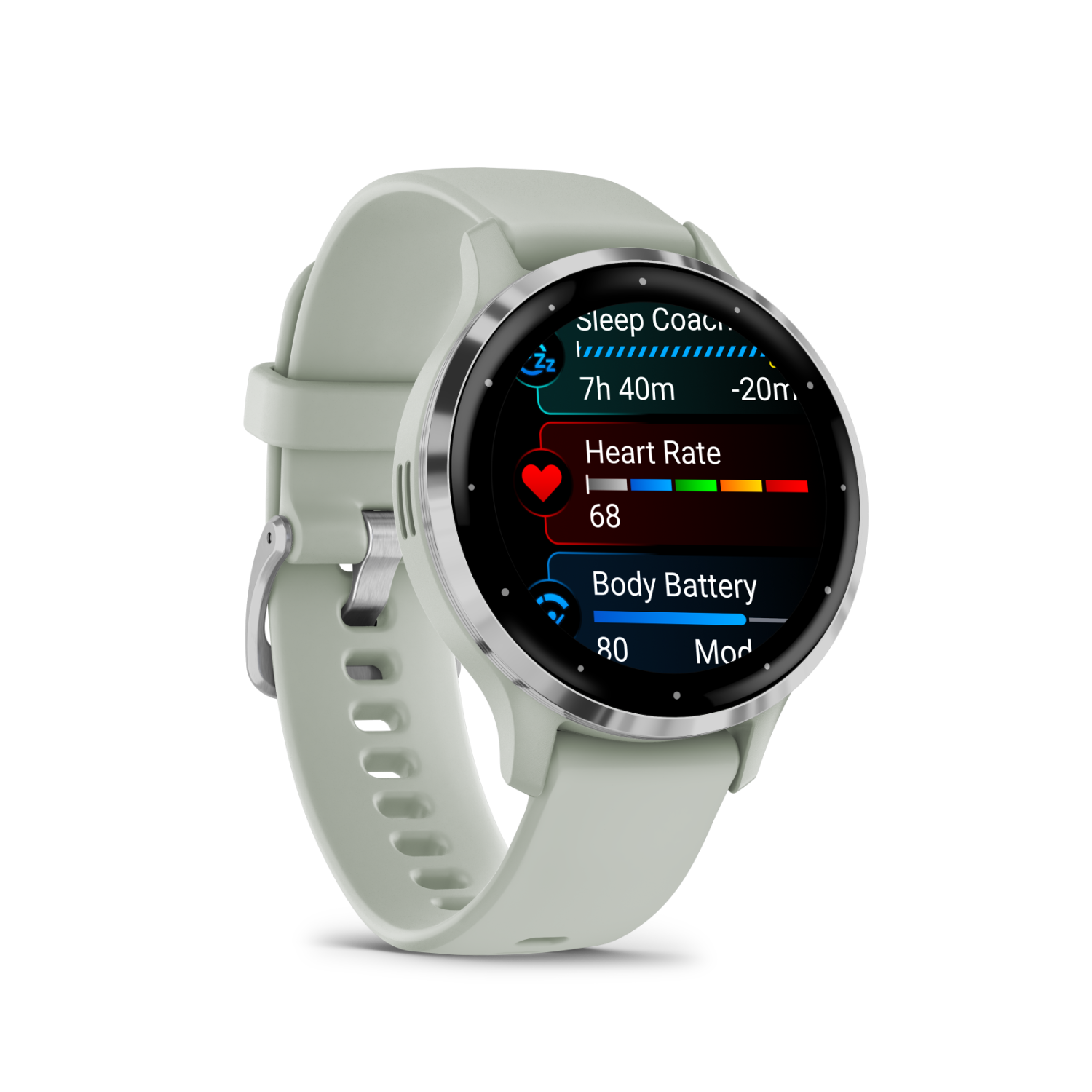 A smart watch with a green strap displaying health metrics against a black background.