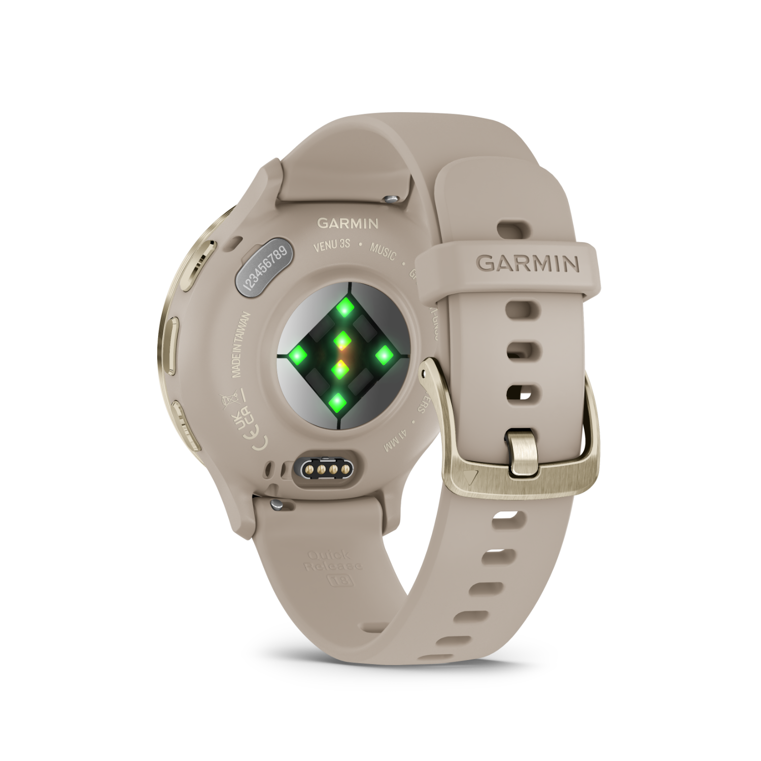 Garmin Venu 3S smartwatch, beige strap, back view with sensors, gold buckle, black background.