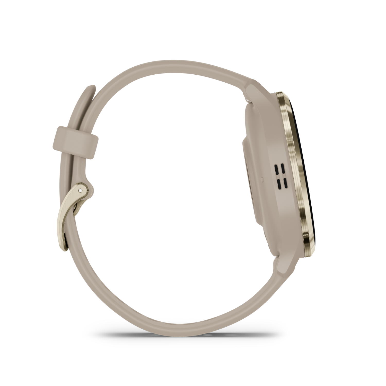 A side view of a smartwatch, light beige color, with a gold-colored rim and a beige strap.
