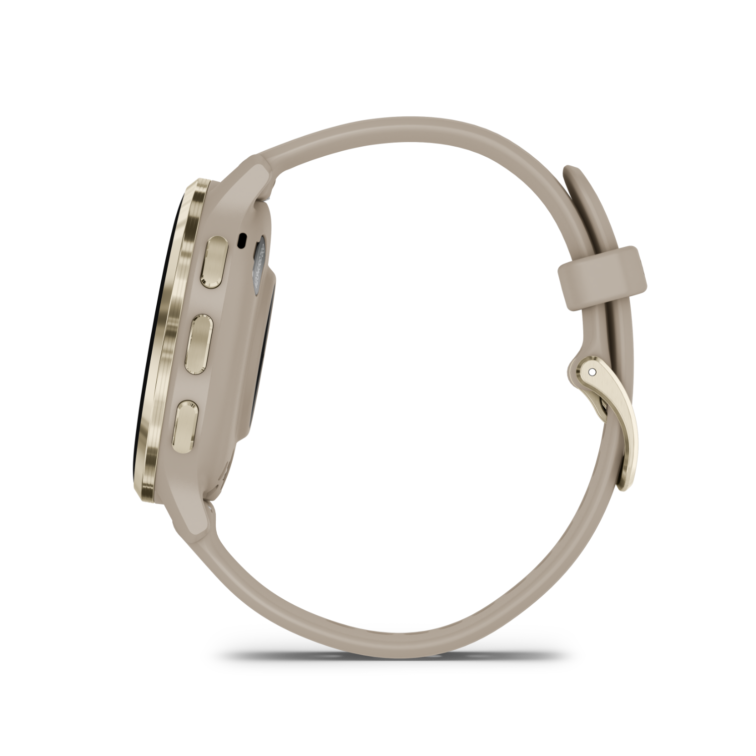 A side view of a beige smartwatch with a gold accent.