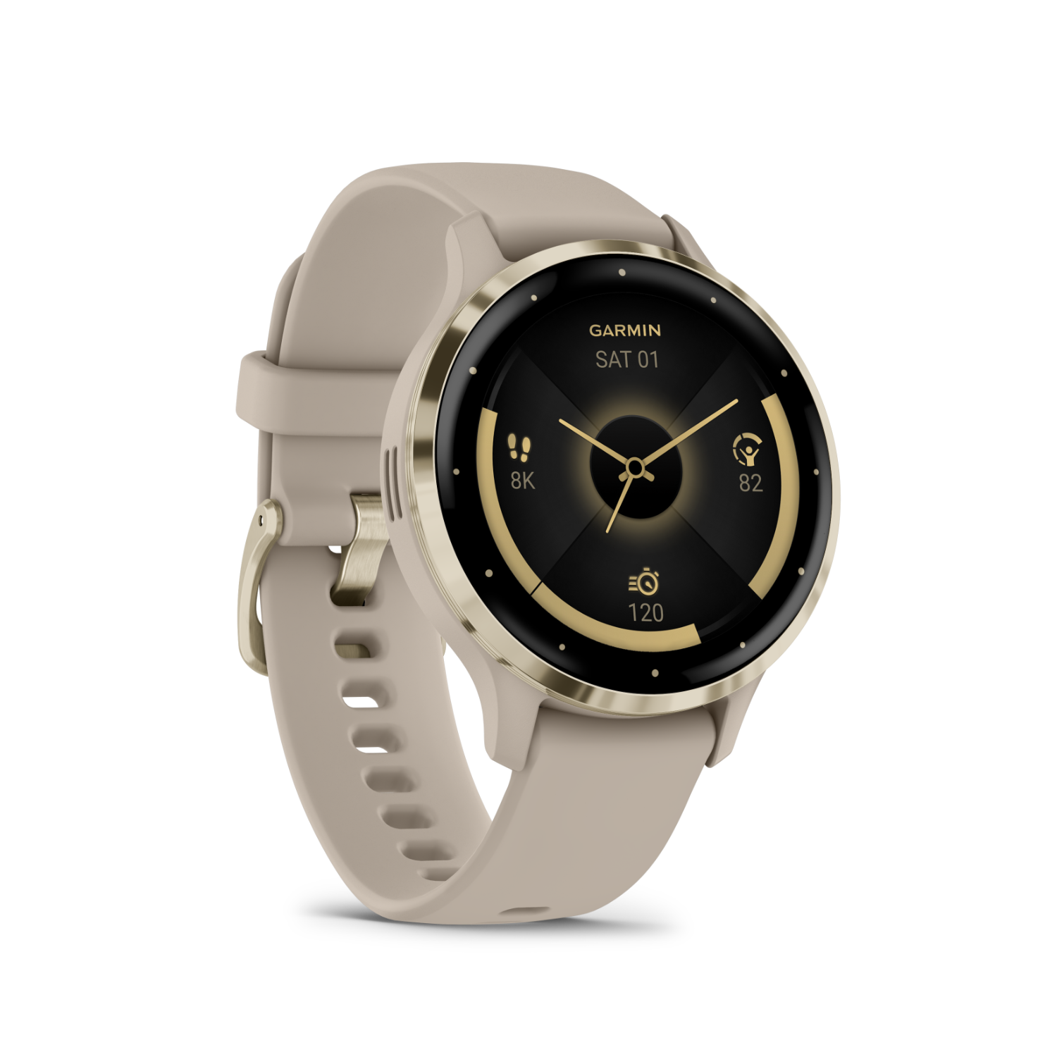 Gold and beige smartwatch. Display shows the date, time, steps, and heart rate.