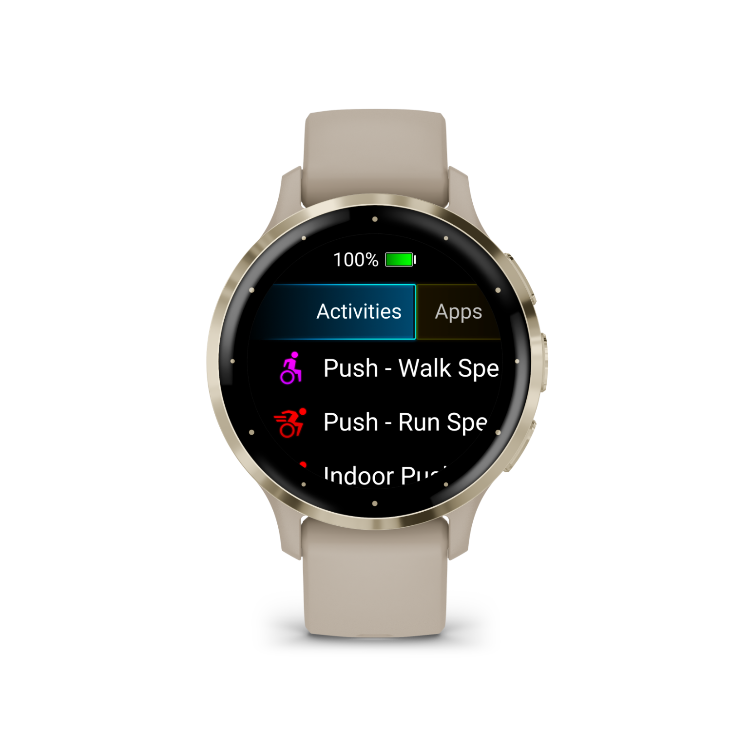 A smartwatch screen with activity and app options.
