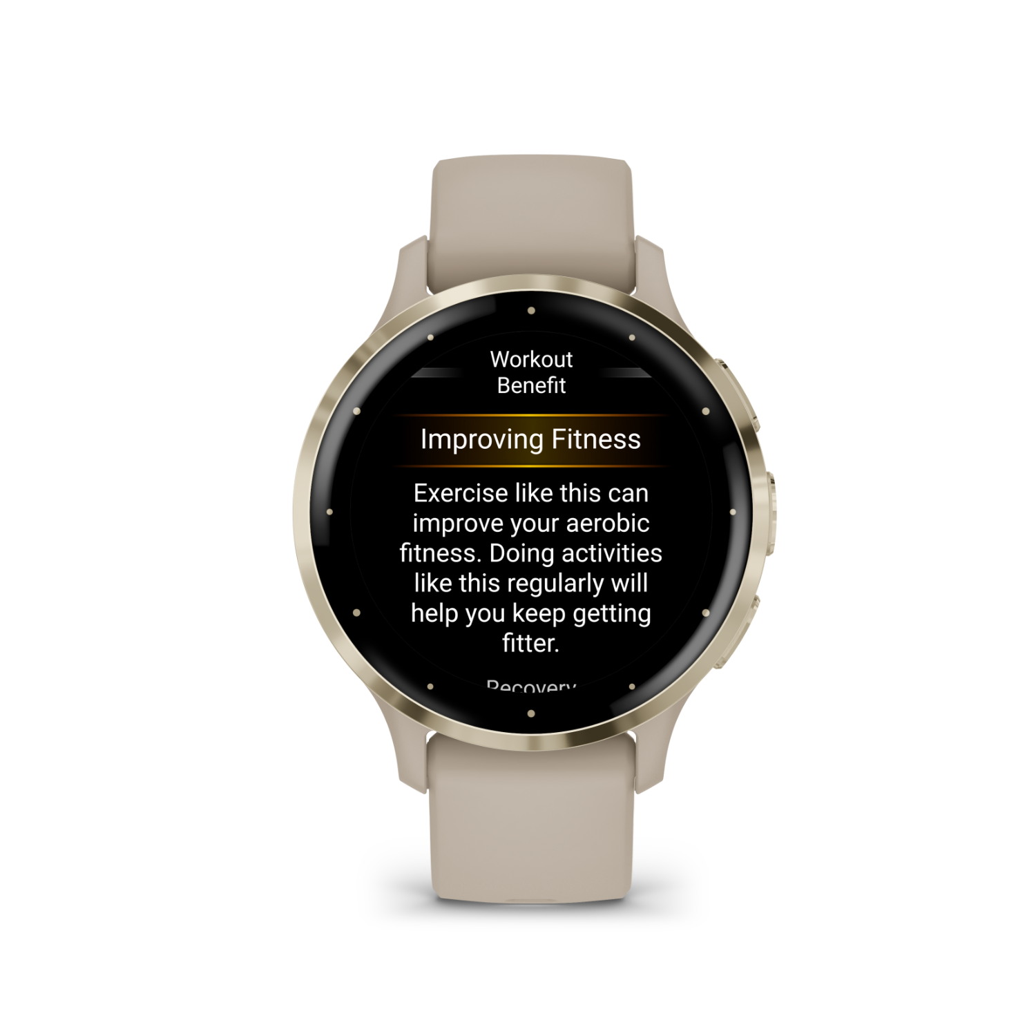 Beige smartwatch with black display showing 'Improving Fitness' text.